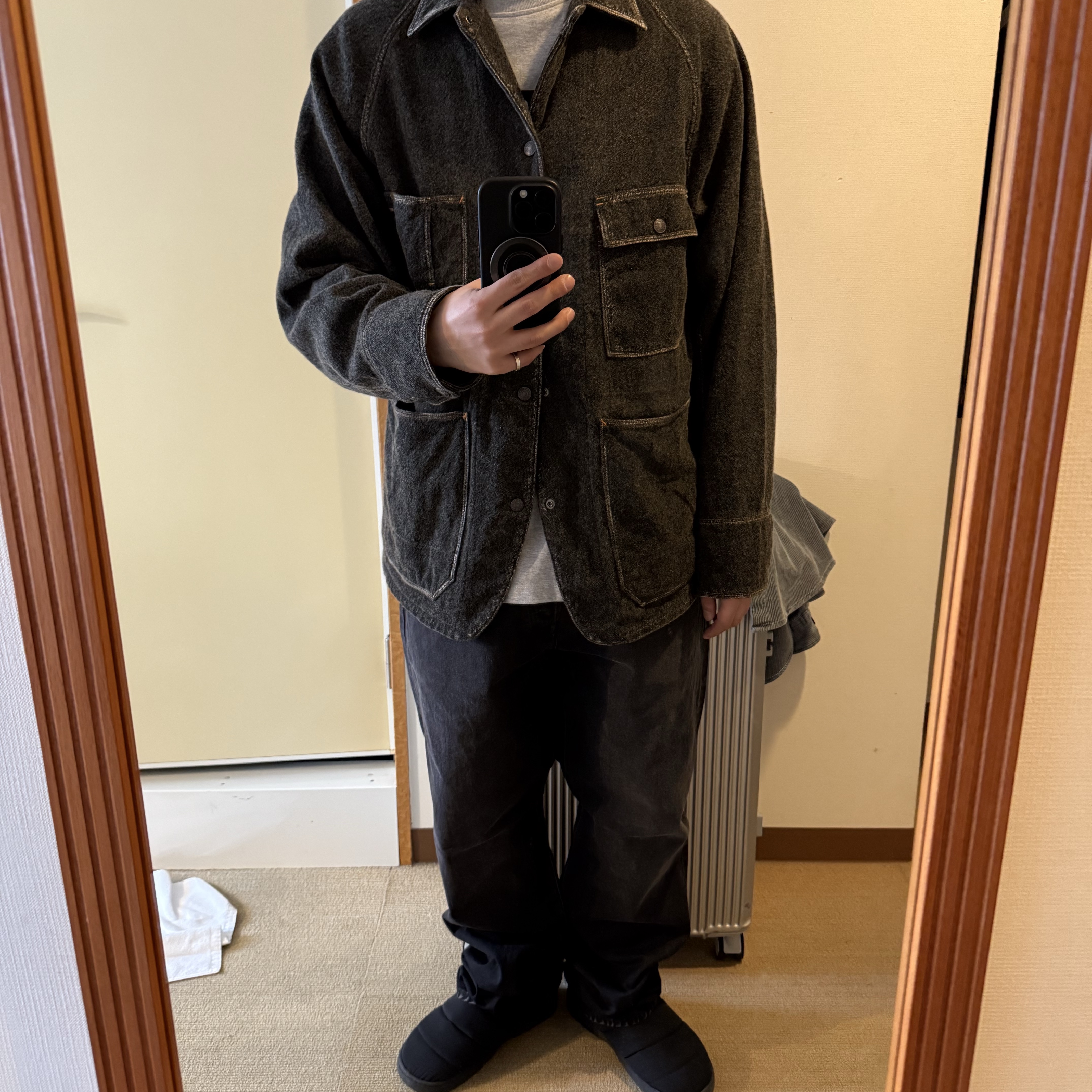 Kapital 14 oz. Black X Black Denim 5P Monkey Cisco Black, Kapital Twill Aged Wool Cactus Coverall Faded Charcoal 착용 스타일