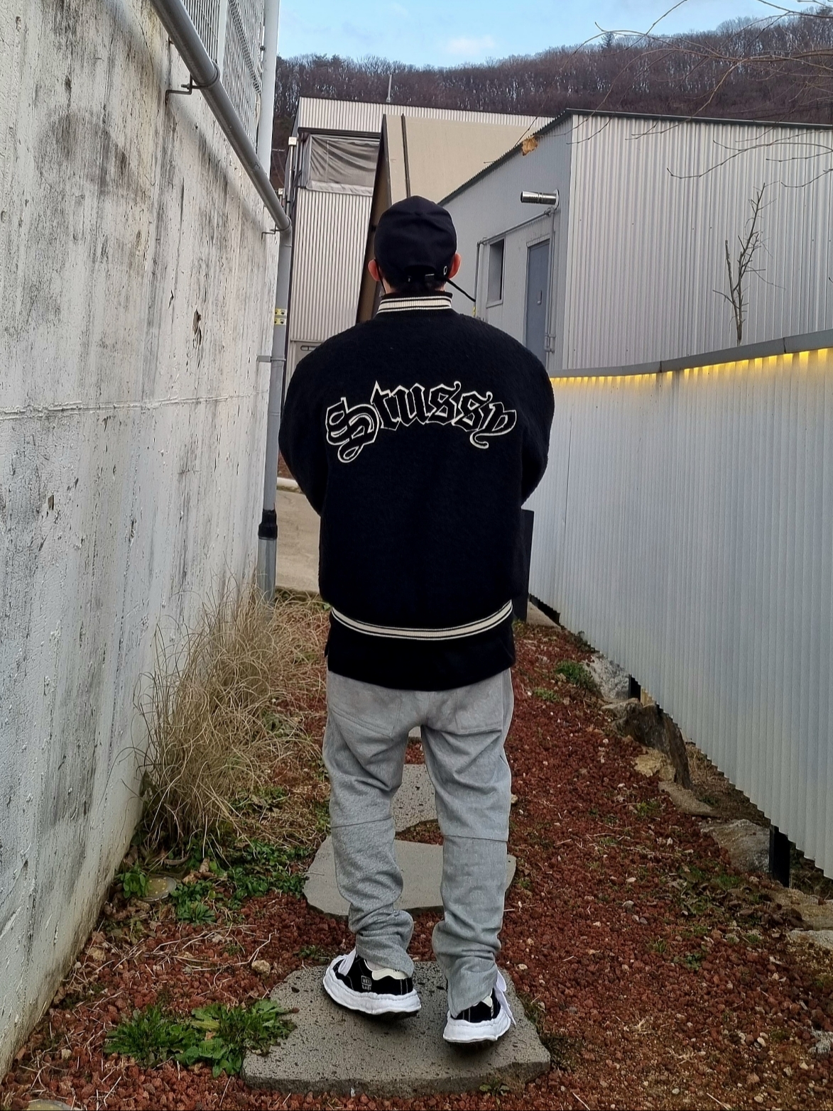 Stussy S Talk Melton Varsity Jacket Black, Stussy Casentino Wool Varsity Jacket Black 착용 스타일