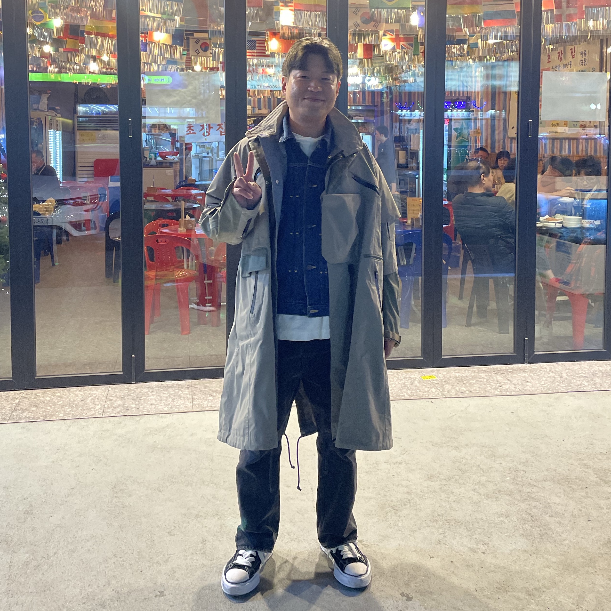 Human Made Denim Work Jacket Indigo, Sacai x Acronym Trench Coat Khaki 착용 스타일