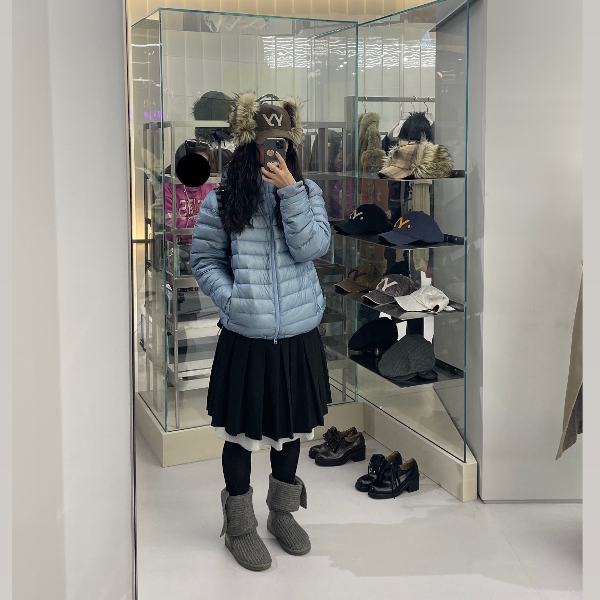 Sansan Gear Suffix Puffer Jacket Sky Blue - 24FW, Open Yy Faux Fur Corduroy Earflap Cap Khaki 착용 스타일 - 1