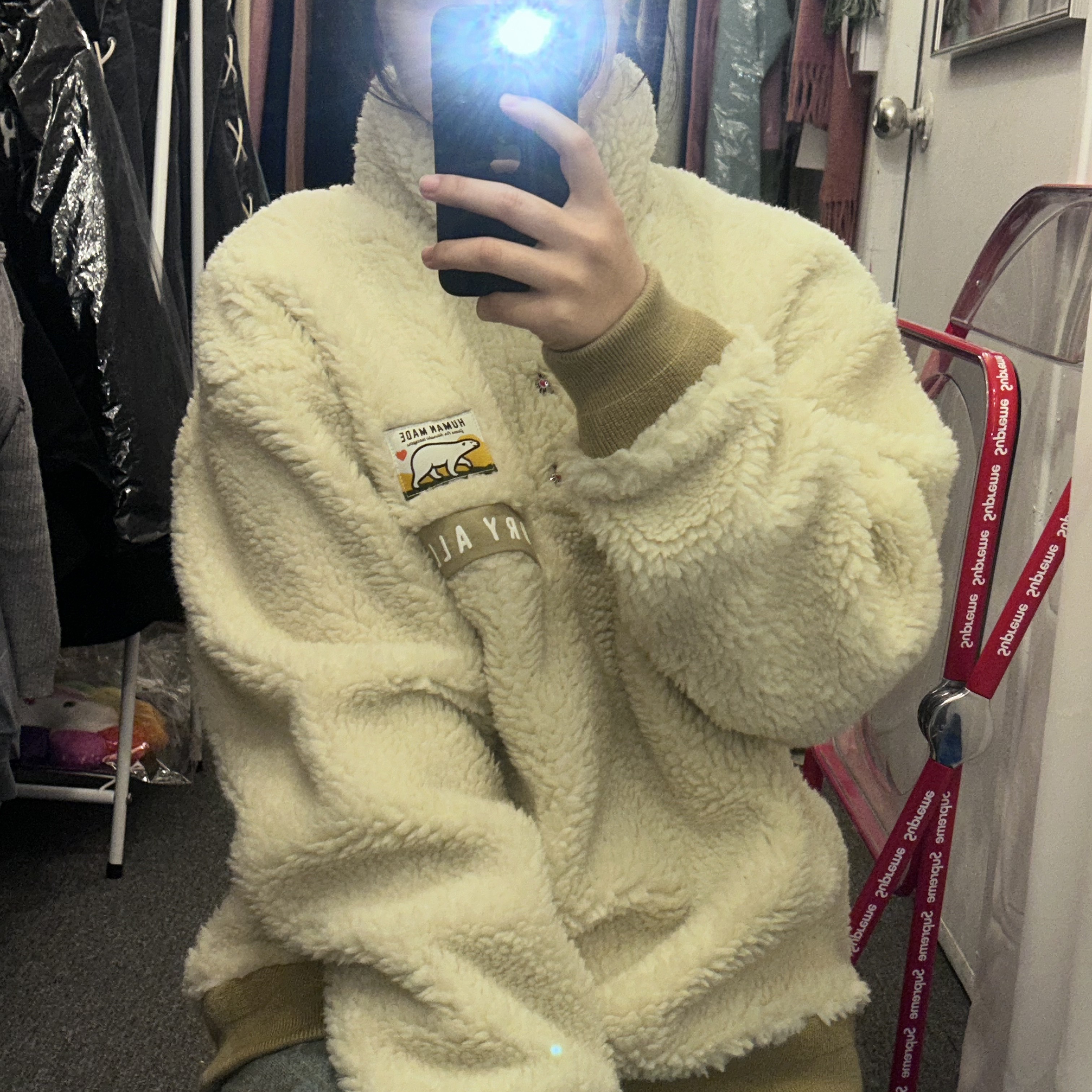 Human Made Tsuriami Crazy Pastel Sweatshirt Pink, Human Made Boa Fleece Pullover White 착용 스타일 - 2