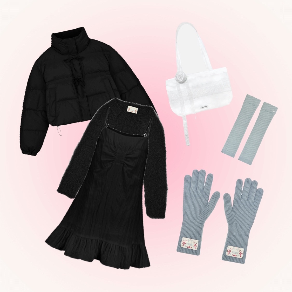 Margarin Fingers Ribbon Shirring Padding Black, Margarin Fingers Pom Pom Knit Bolero Black 착용 스타일