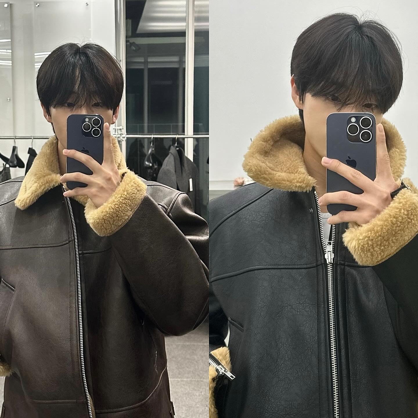 Haleine 3D Faux Shearling Crop Jacket Black (VJ410), Haleine 3D Faux Shearling Crop Jacket Brown (VJ411) 착용 스타일