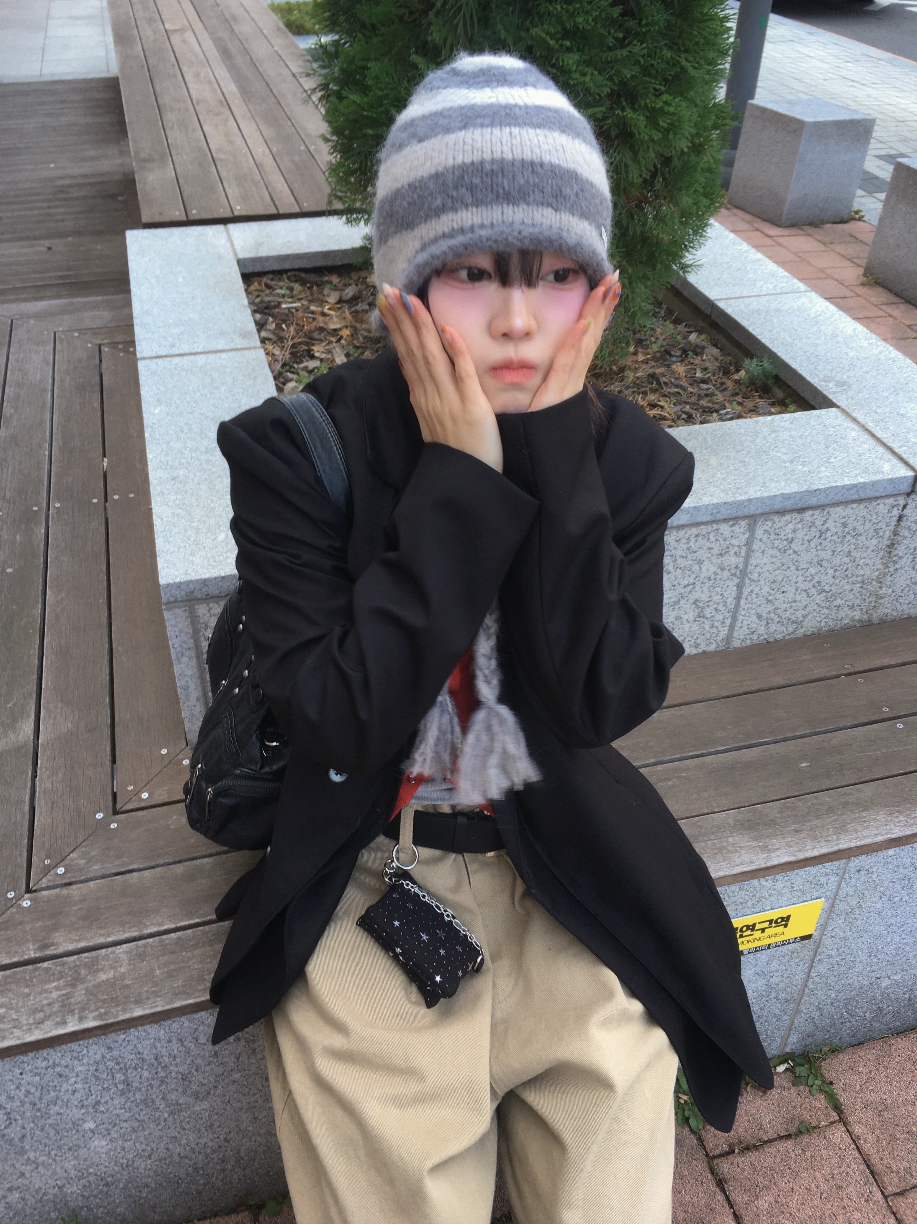 Thevinylhouse Ear Flap Stripe Beanie Grey, Sentiments No.346 Necklace Silver 착용 스타일 - 5