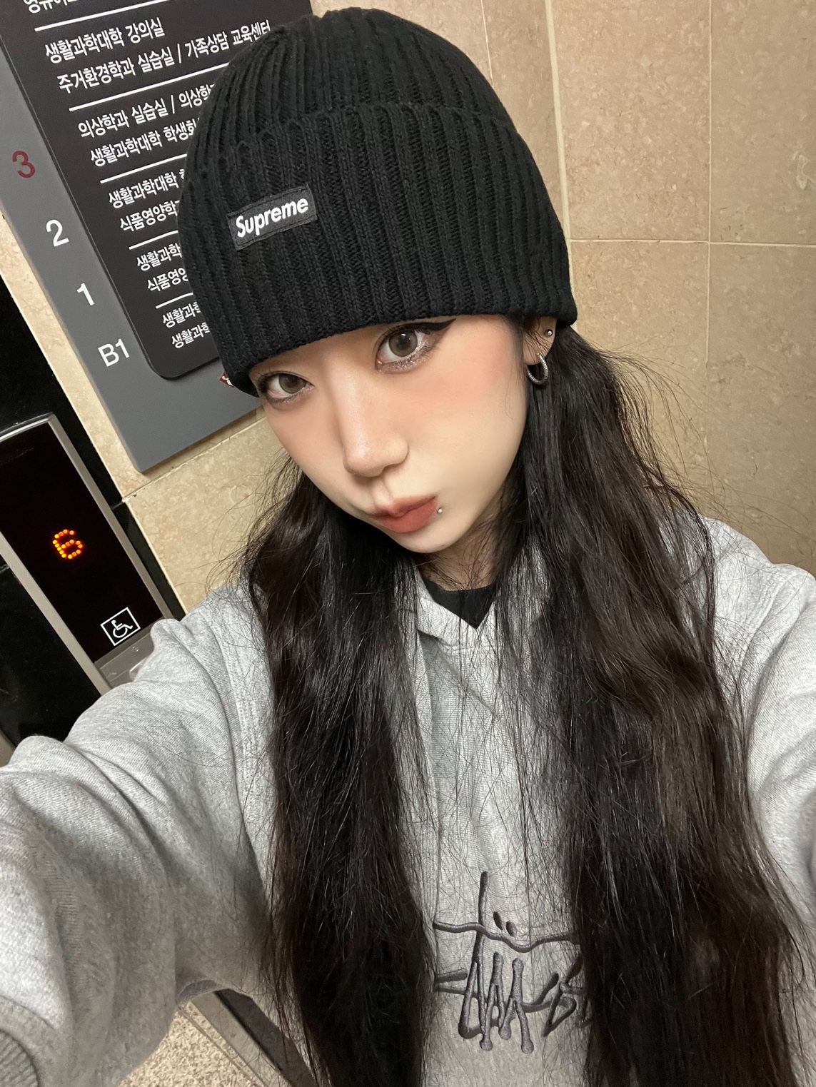 Stussy Basic Embroidered Hoodie Grey Heather, Supreme Overdyed Beanie Black 착용 스타일