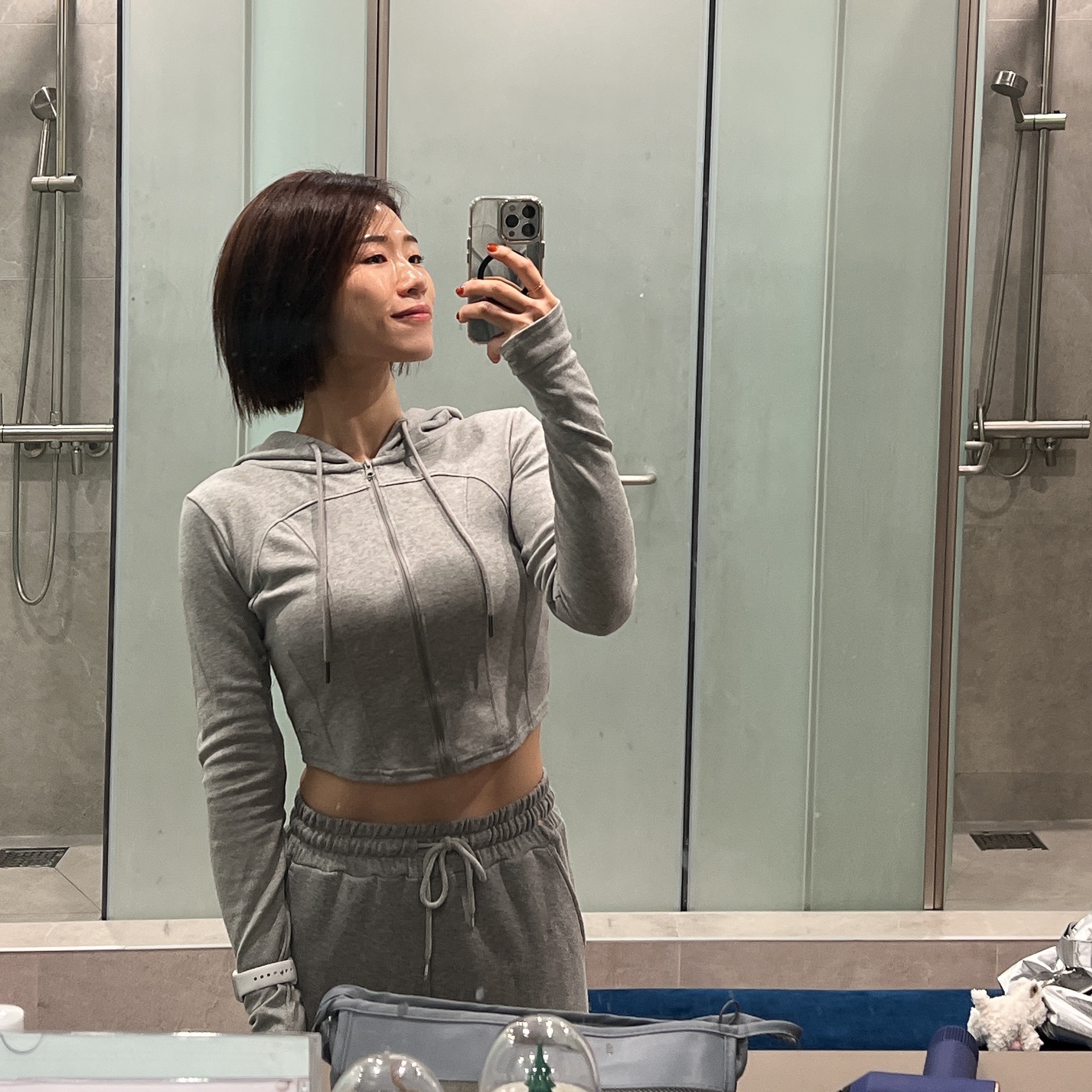 HDEX Womens Light Cotton Boots Cut Sweat Pants Melange Gray, HDEX Womens Soft Heartline Hoodie Zip-up Taupe 착용 스타일