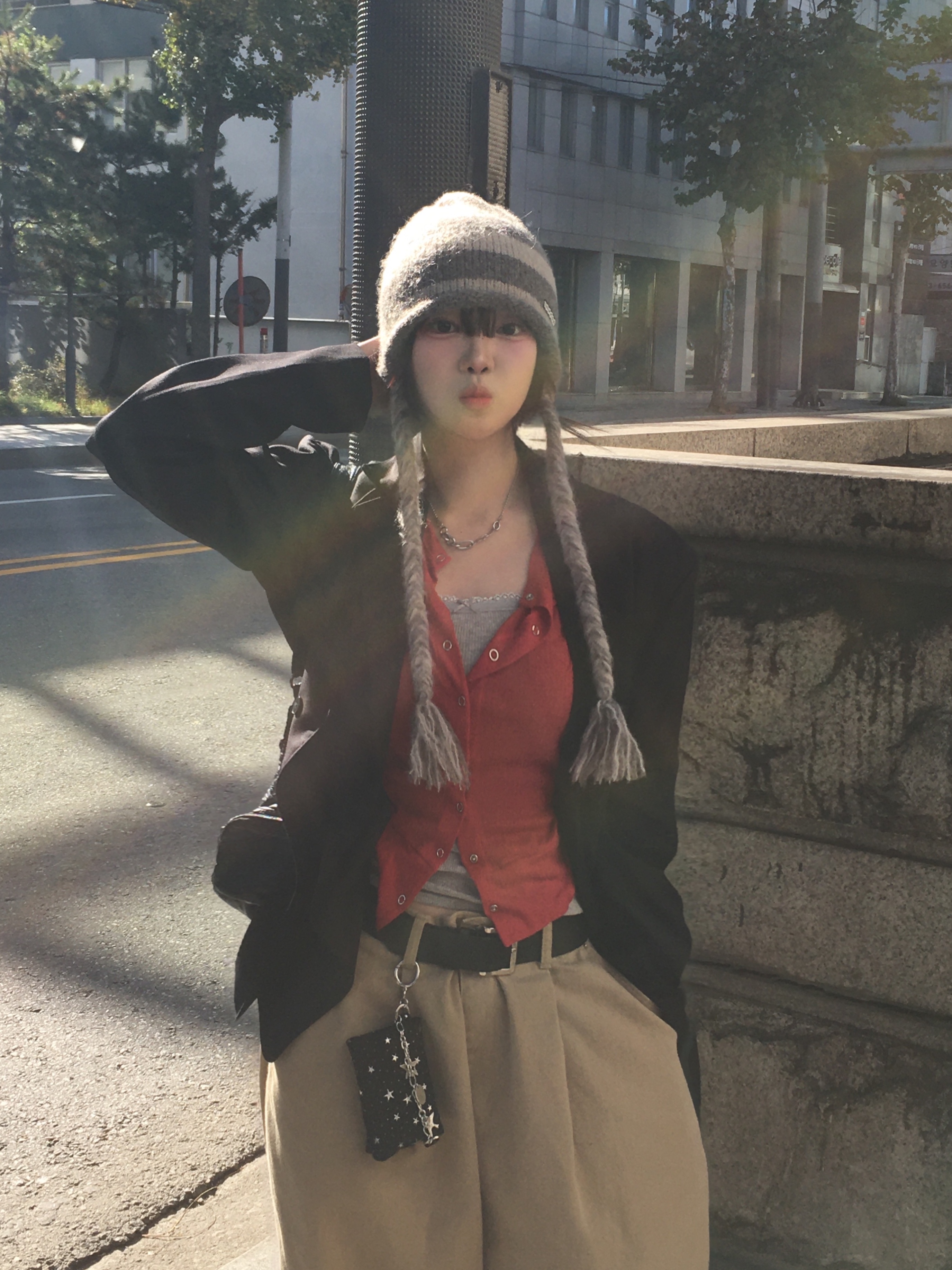 Thevinylhouse Ear Flap Stripe Beanie Grey, Sentiments No.346 Necklace Silver 착용 스타일 - 7