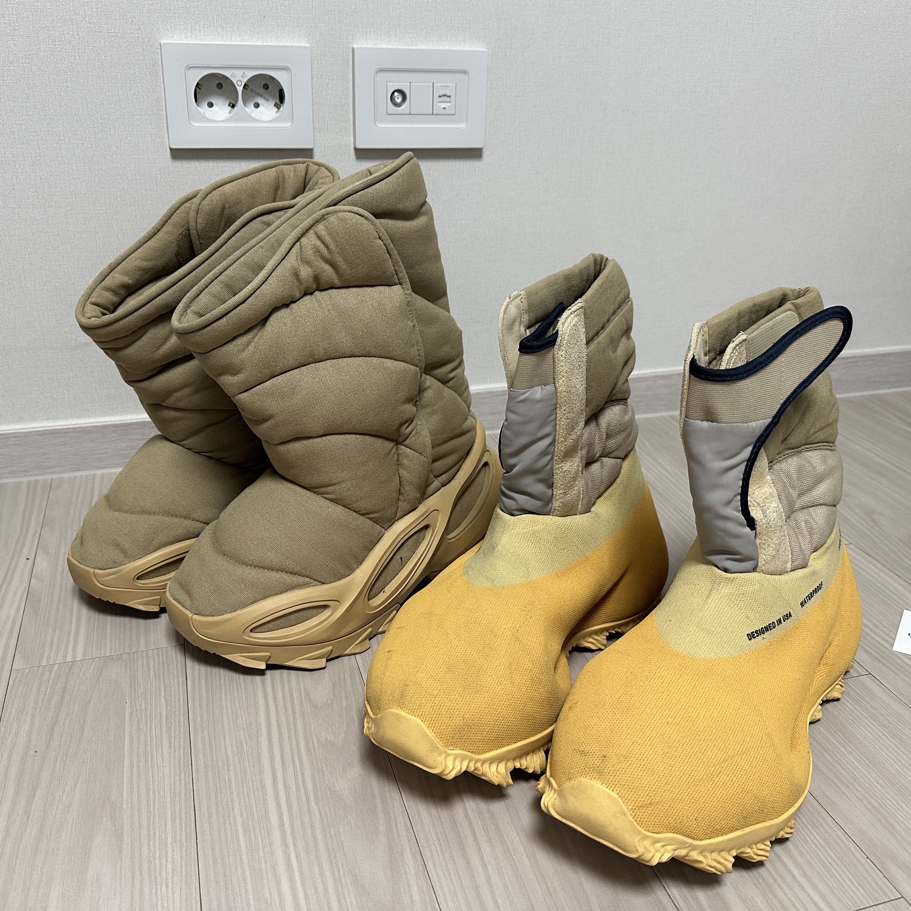 Adidas Yeezy NSLTD Boot Khaki, adidas Yeezy Knit RNR Boot Sulfur 착용 스타일