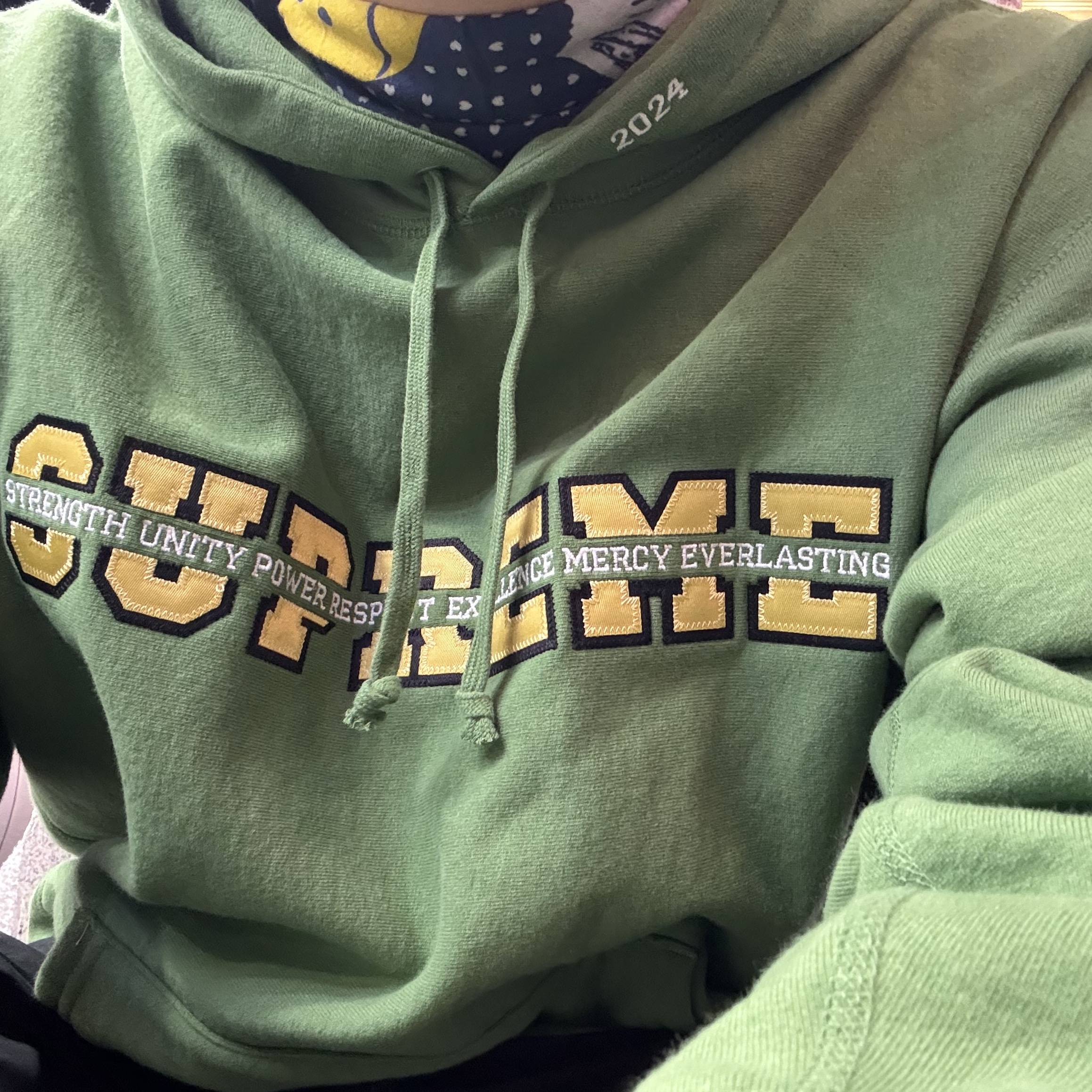 Kapital Fastcolor Selvedge Bandana Navy, Supreme Collegiate Acronym Hooded Sweatshirt Dusty Green - 24FW 착용 스타일