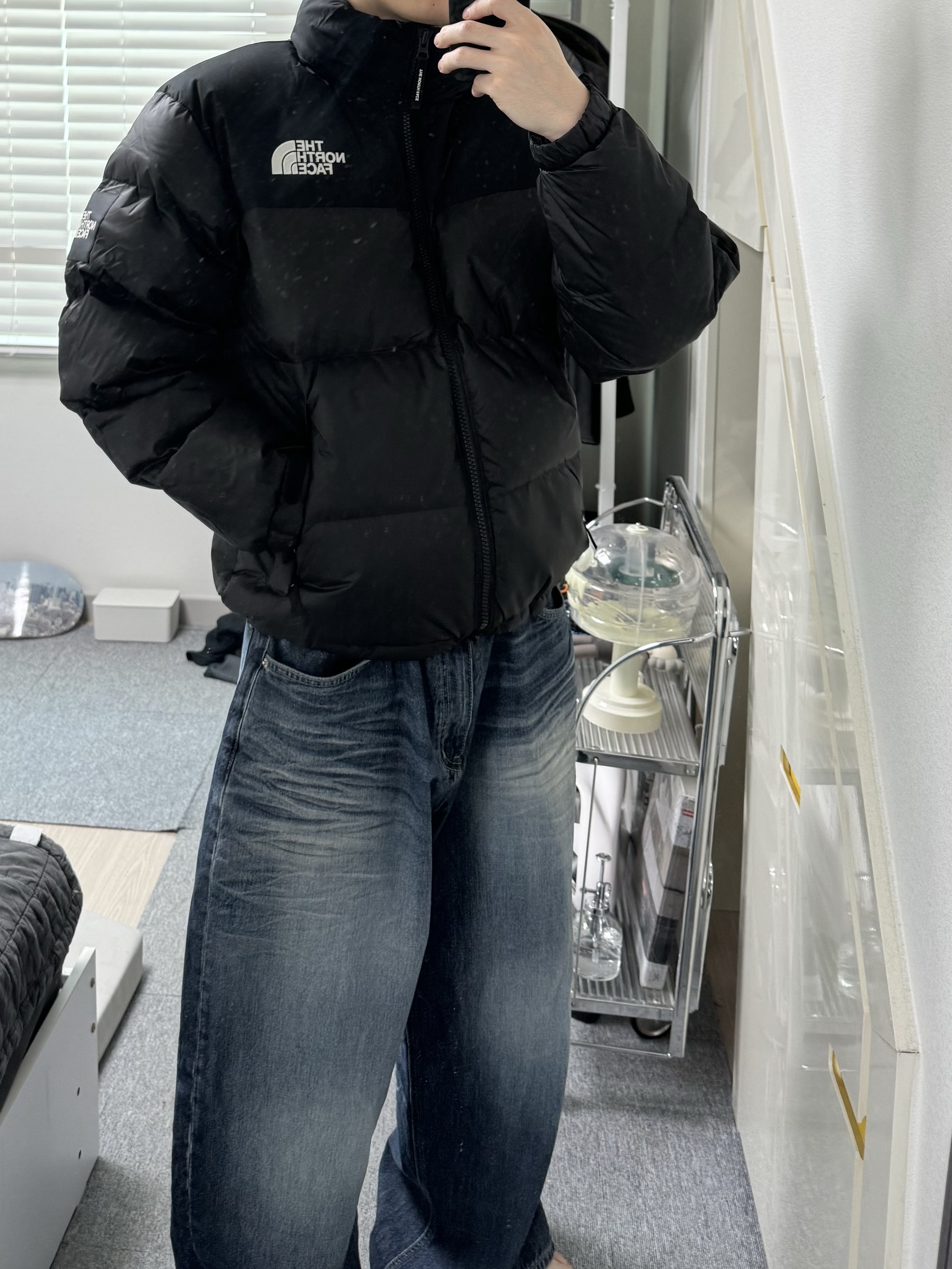 The North Face White Label Novelty Nuptse RDS Down Jacket Real Black 착용 스타일