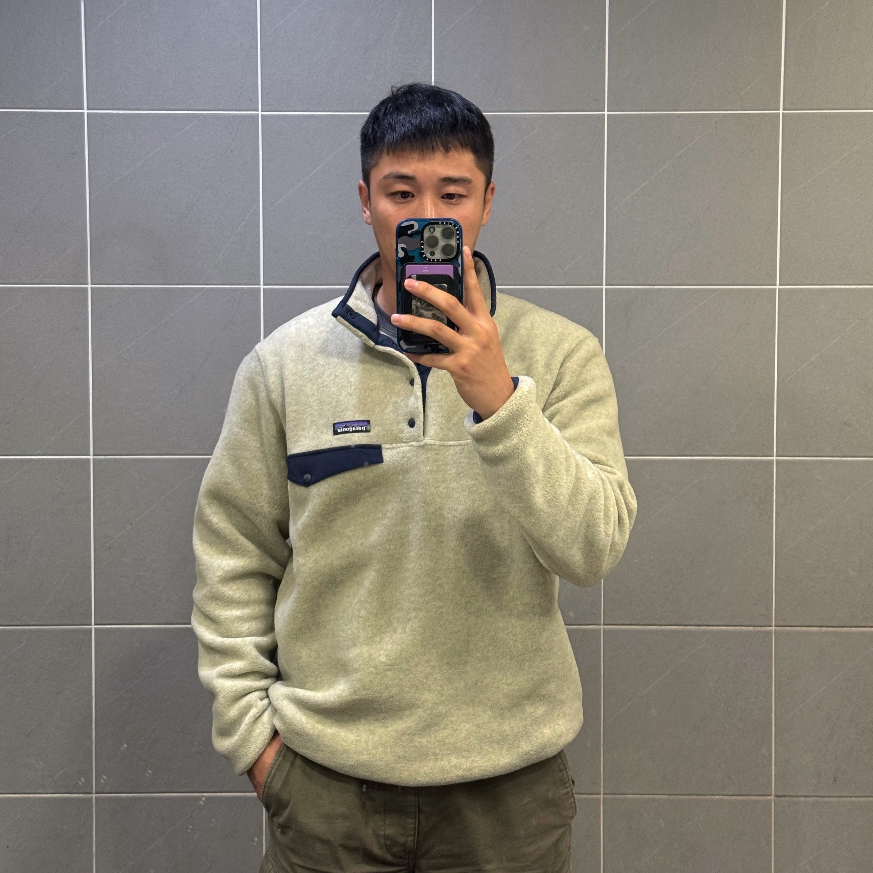 Patagonia Synchilla Snap-T Fleece Pullover Oatmeal Heather 착용 스타일