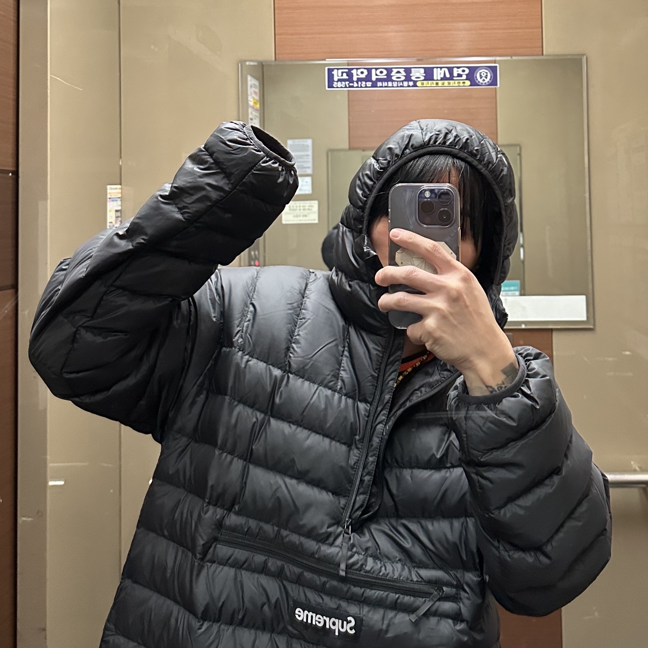 Supreme Micro Down Half Zip Hooded Pullover Black - 24FW 착용 스타일
