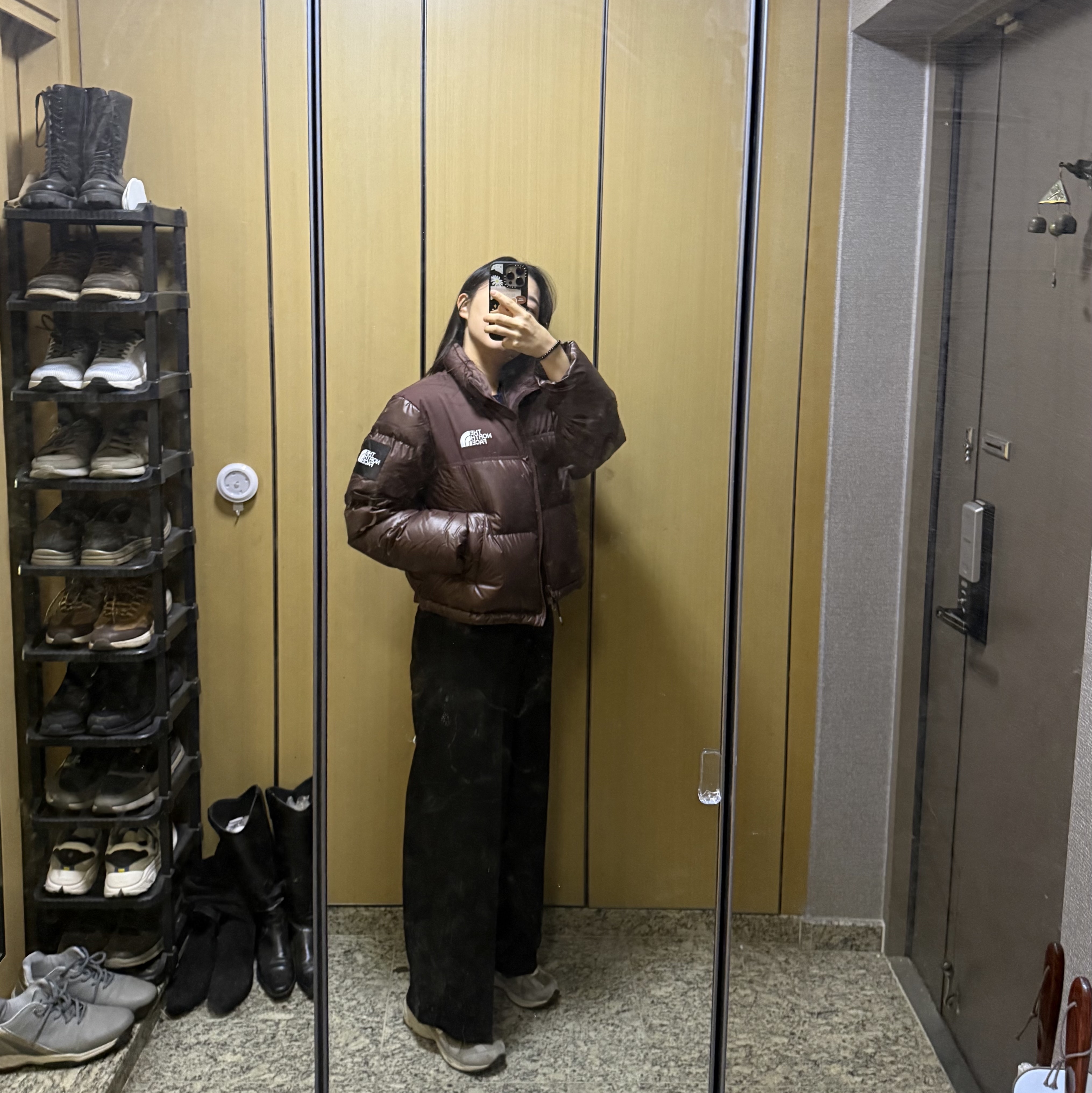 (W) The North Face White Label Novelty Nuptse Down Jacket Cocoa Brown 착용 스타일