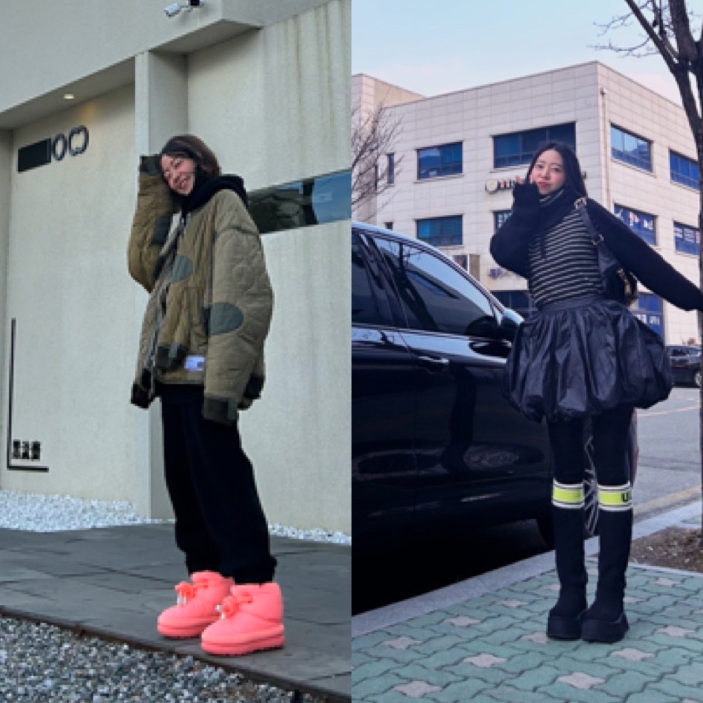 (W) UGG Classic Sweater Letter Boots Chestnut, (W) UGG Classic Maxi Short Boots Black 착용 스타일