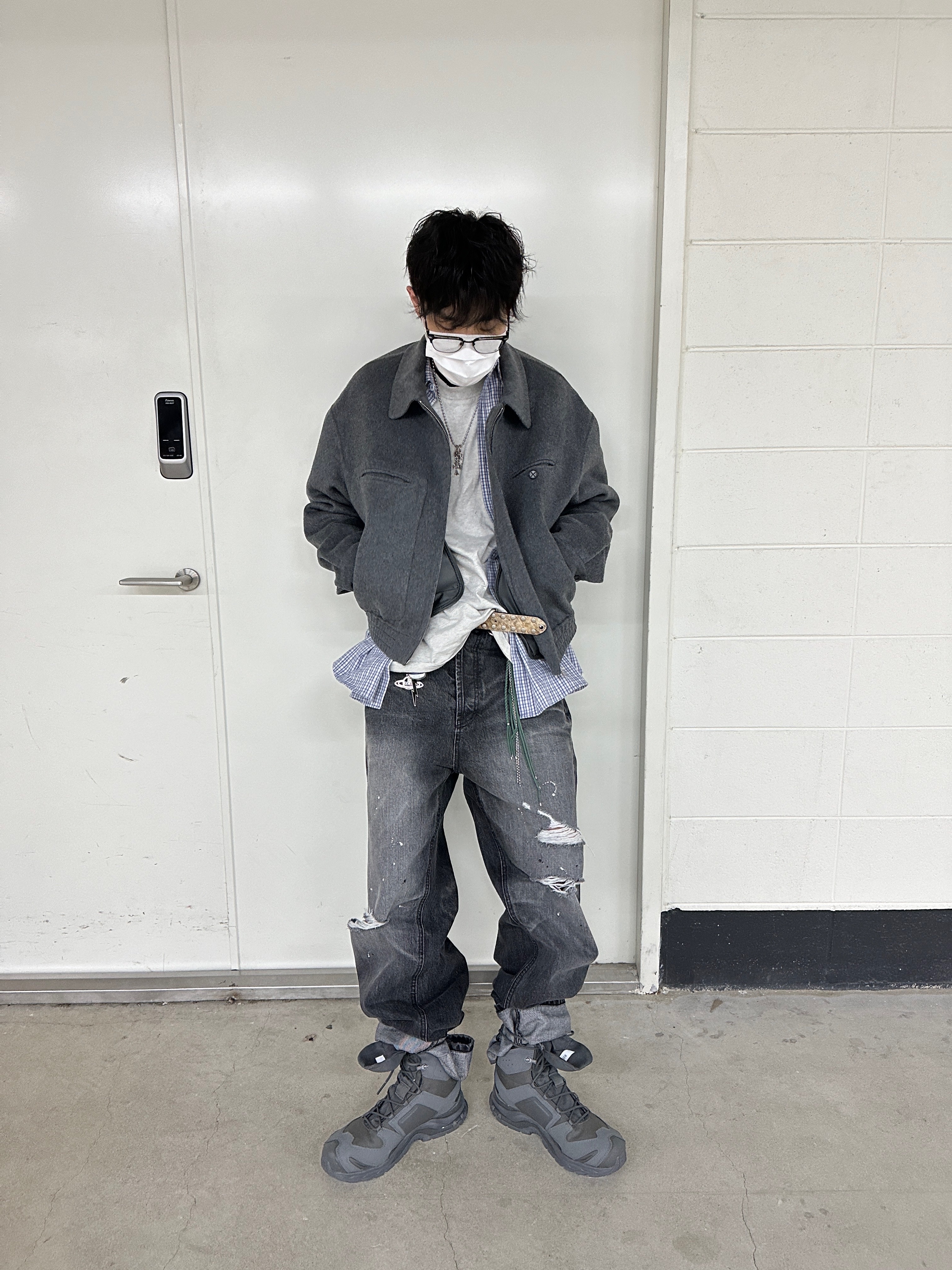 Salomon x Rier XA Jungle Castlerock, Nonnod Flexible String Check Shirt Sky Blue 착용 스타일 - 1