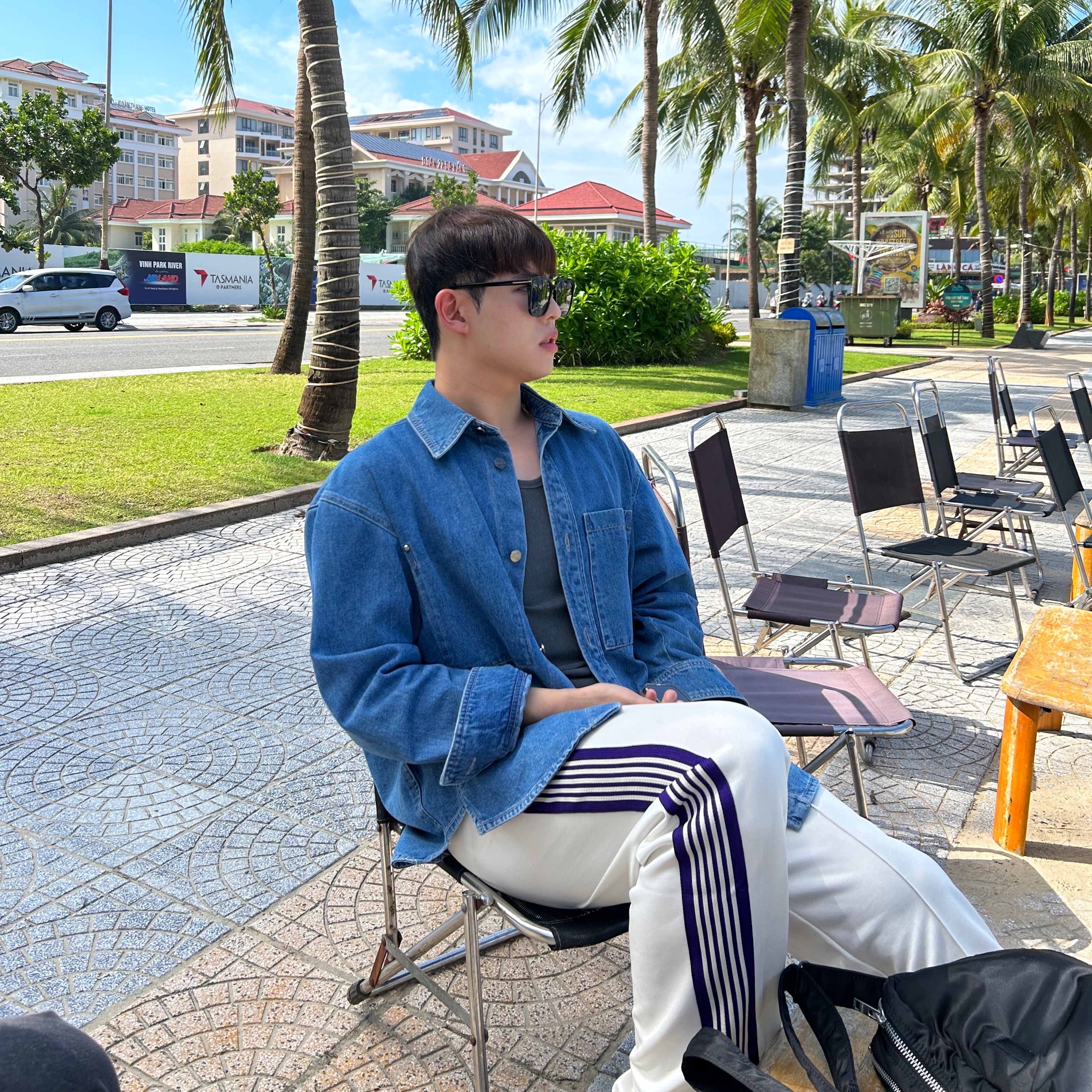 Needles Straight Track Pants Poly Smooth Ice White, Wooyoungmi Flower Print Denim Shirt Blue - 24SS 착용 스타일