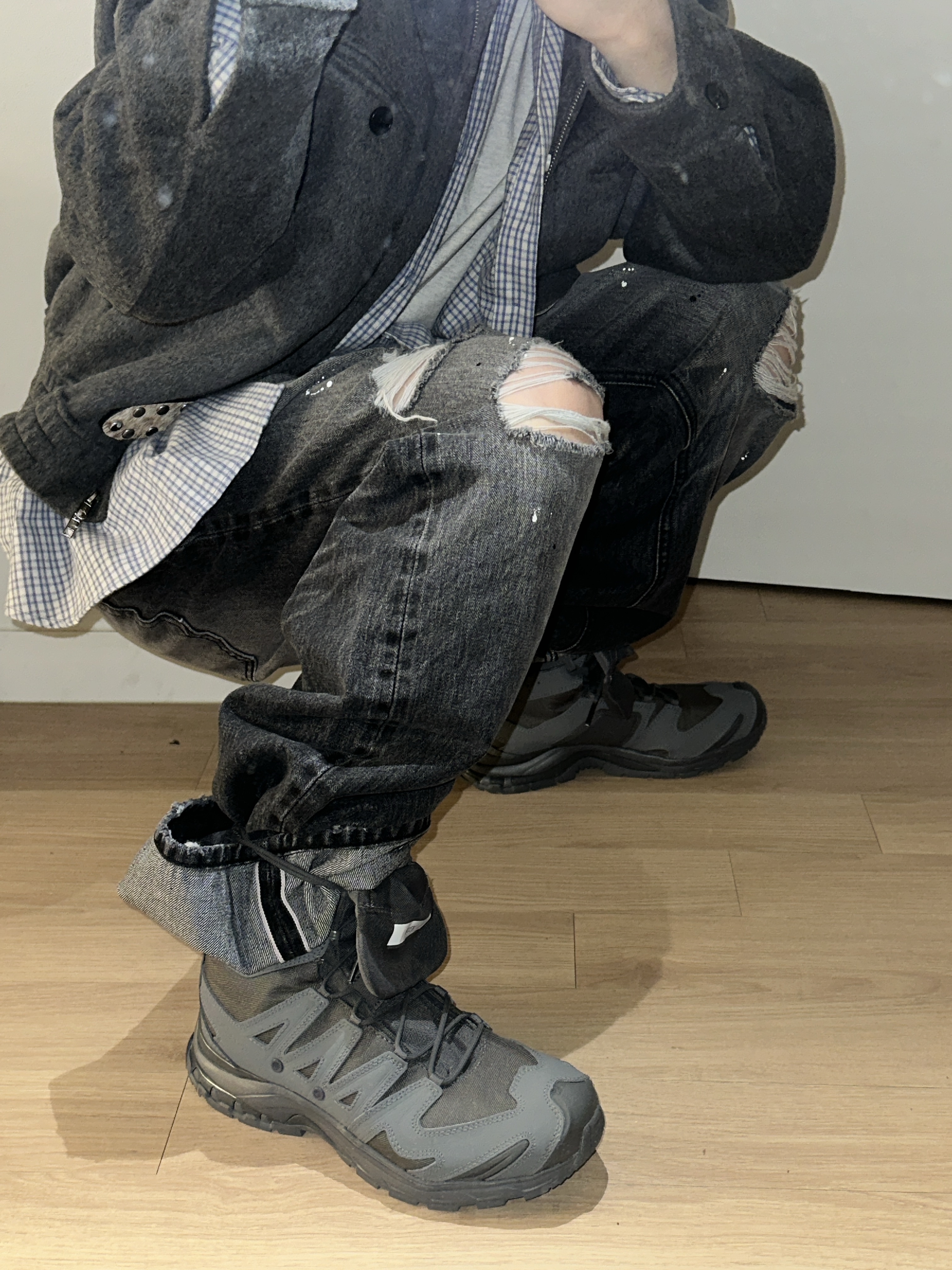Salomon x Rier XA Jungle Castlerock, Nonnod Flexible String Check Shirt Sky Blue 착용 스타일 - 7