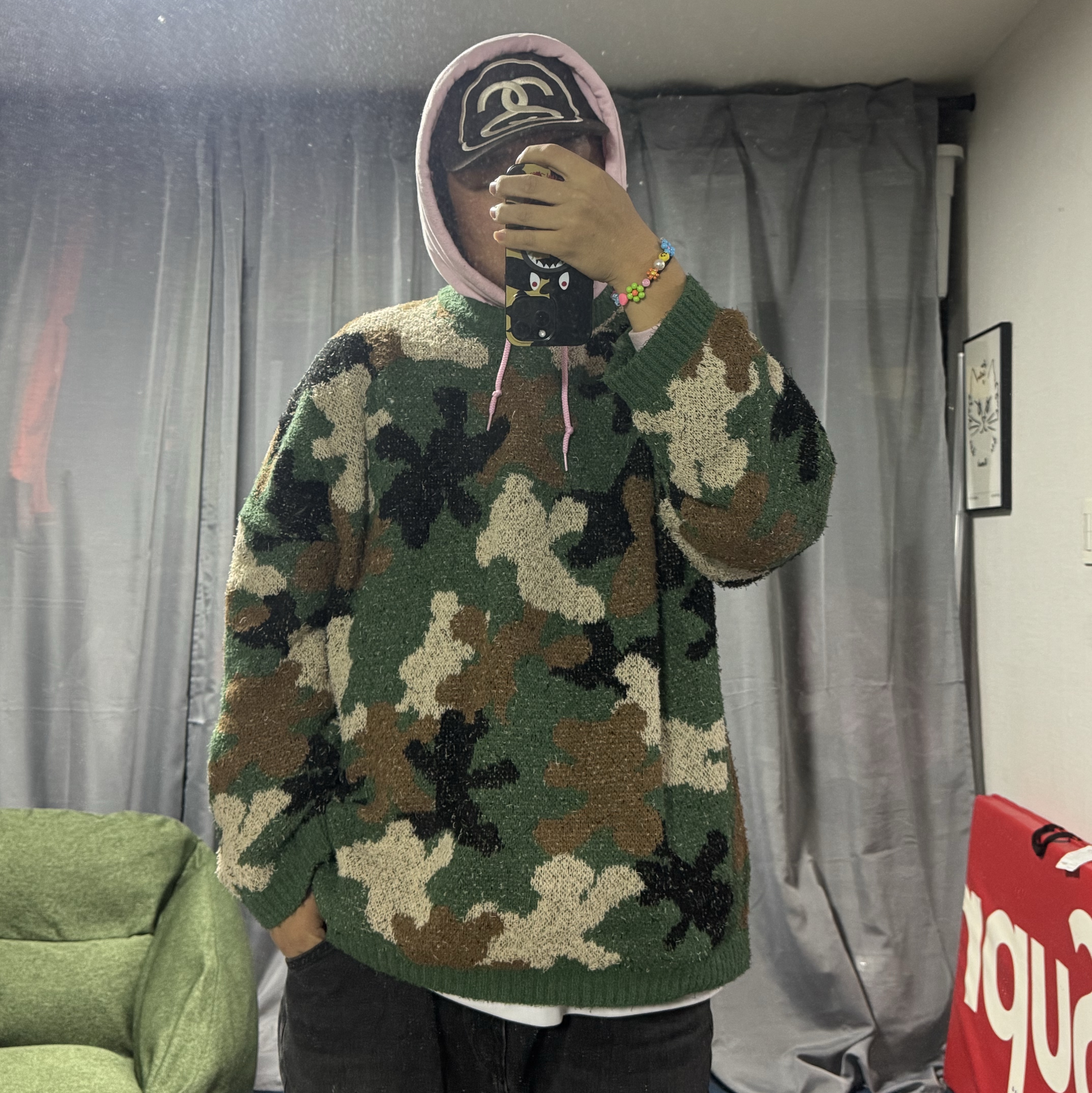 AJOBYAJO Teddy Bear Camouflage Knit Sweater Khaki, Stussy Big Link Low Pro Strapback Cap Brown 착용 스타일