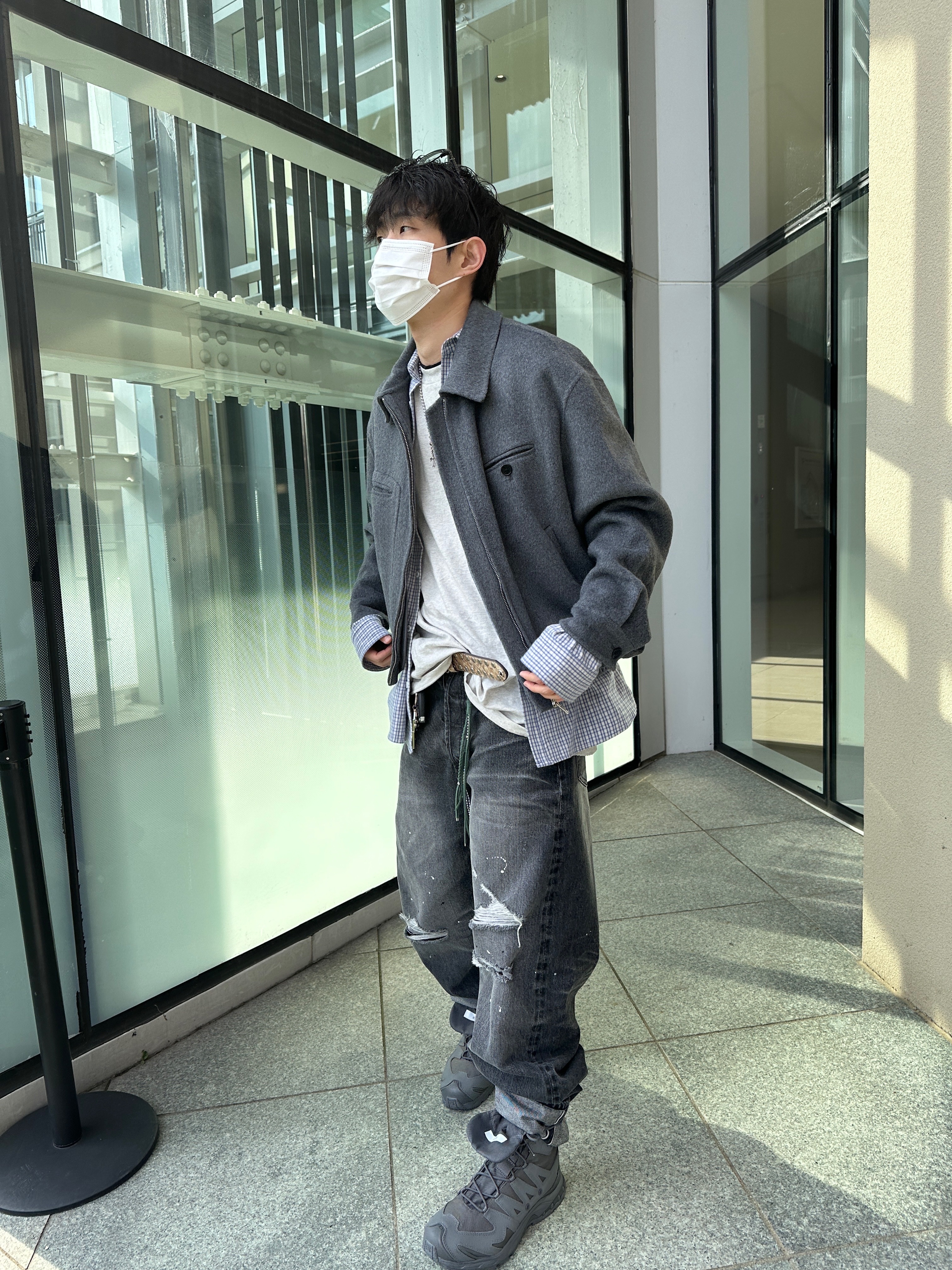 Salomon x Rier XA Jungle Castlerock, Nonnod Flexible String Check Shirt Sky Blue 착용 스타일 - 5
