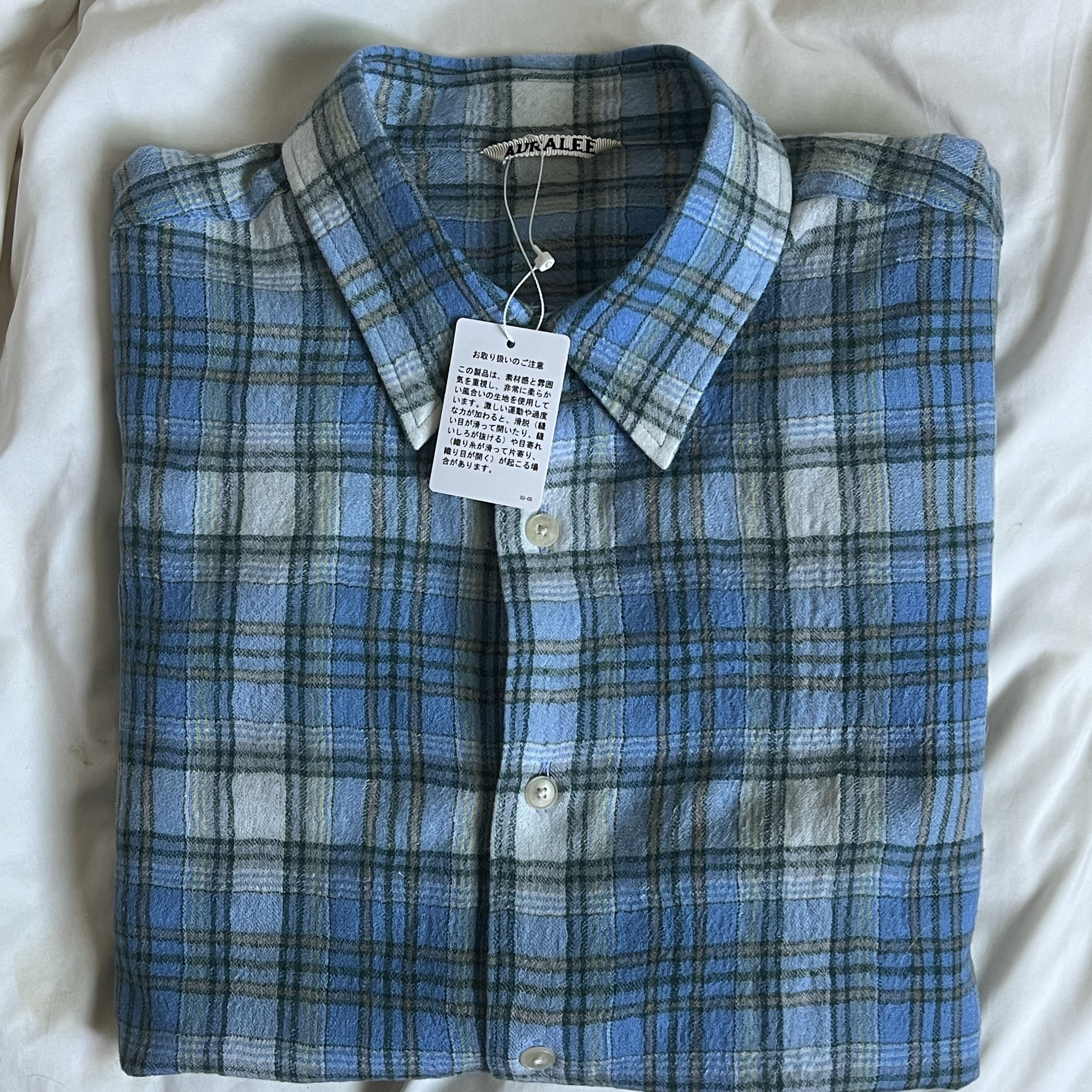 Auralee Airy Wool Check Shirt Blue Check 착용 스타일 - 2