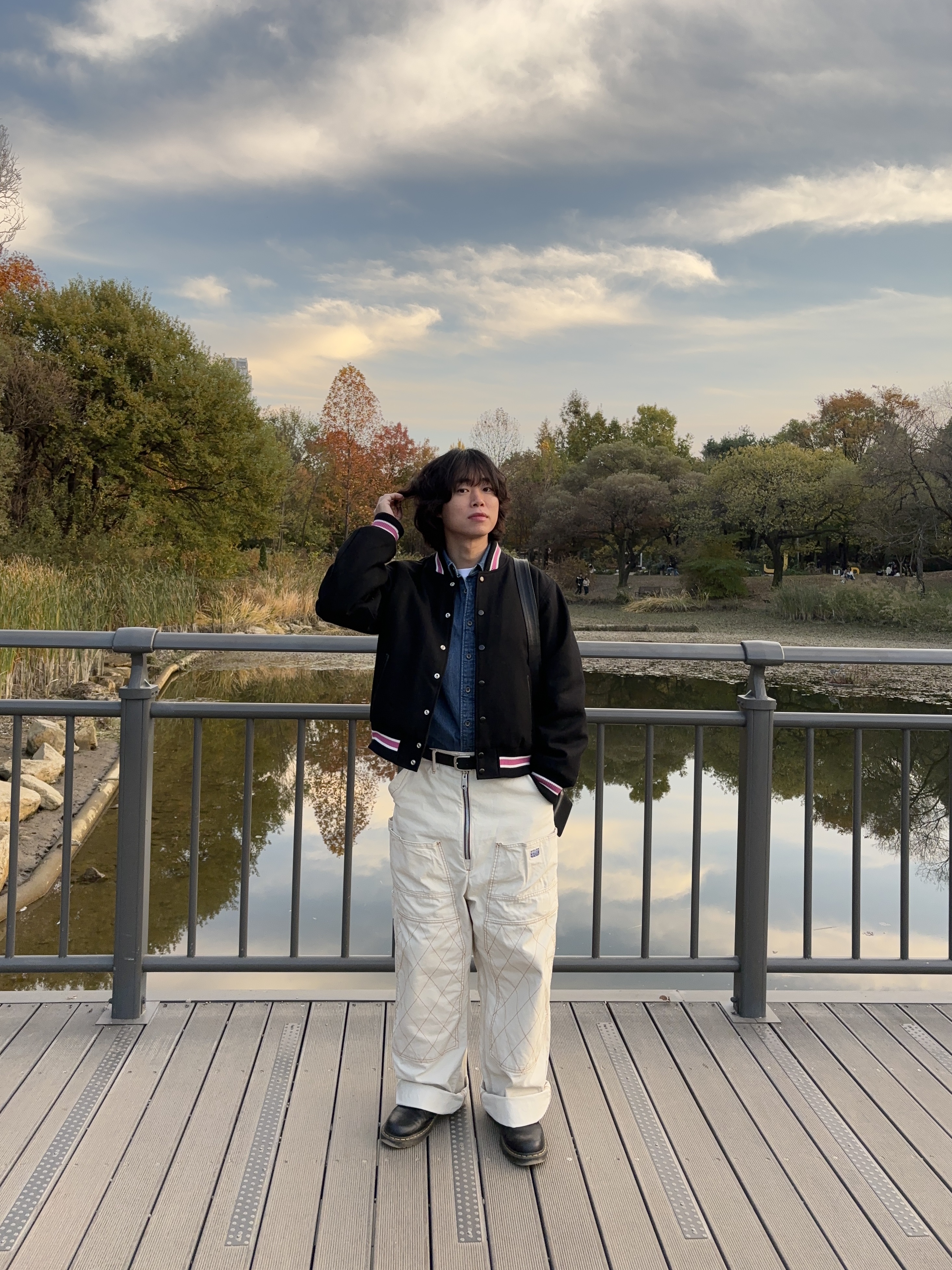 Stussy S Talk Melton Varsity Jacket Black, Kapital Thin Canvas Zipper Wide Lumbar Pants Kinari 착용 스타일 - 3