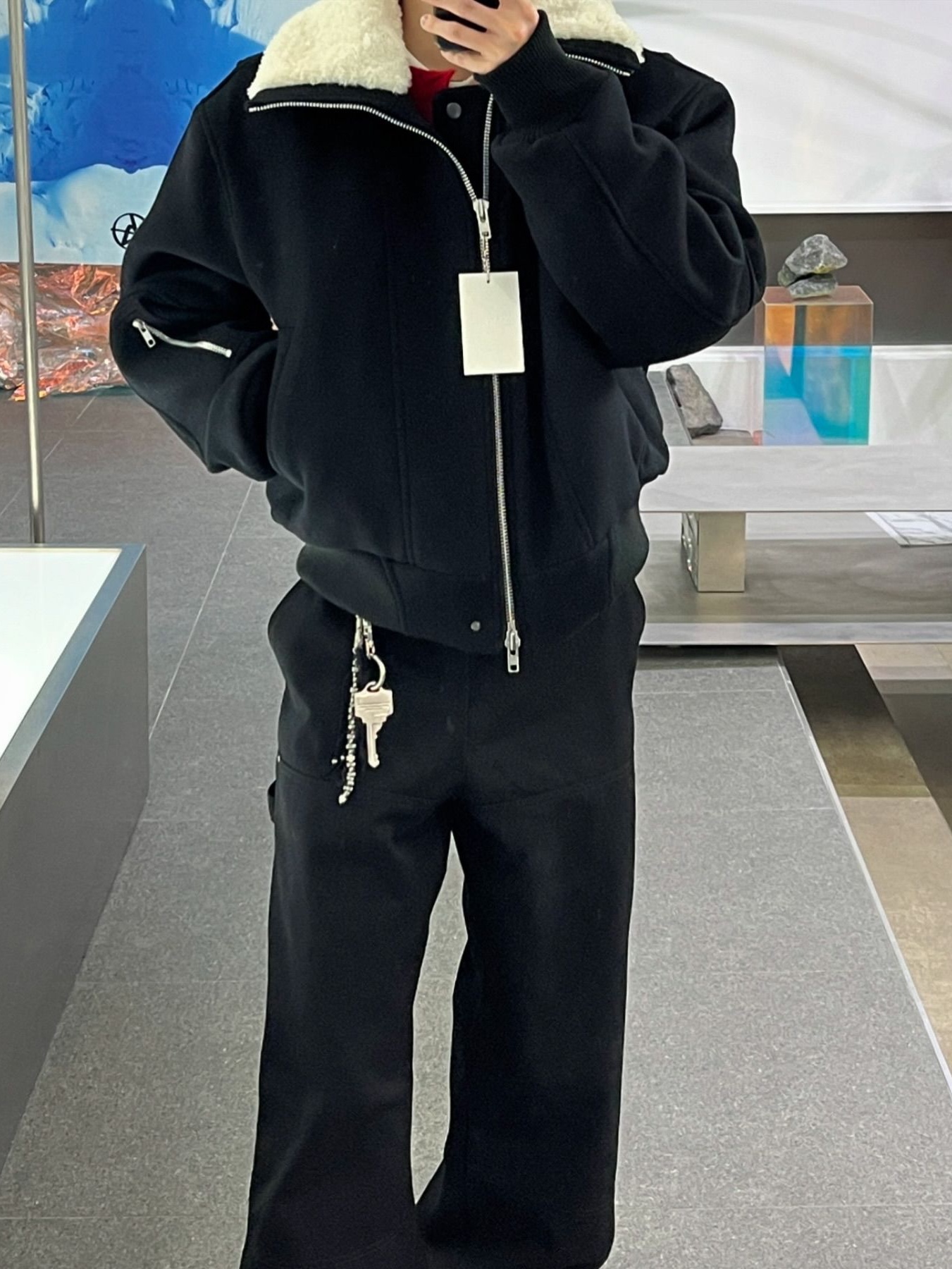 Haleine Highneck Cropped Wool Blouson Navy Check (VJ415), Haleine Highneck Cropped Wool Blouson Black (VJ414) 착용 스타일