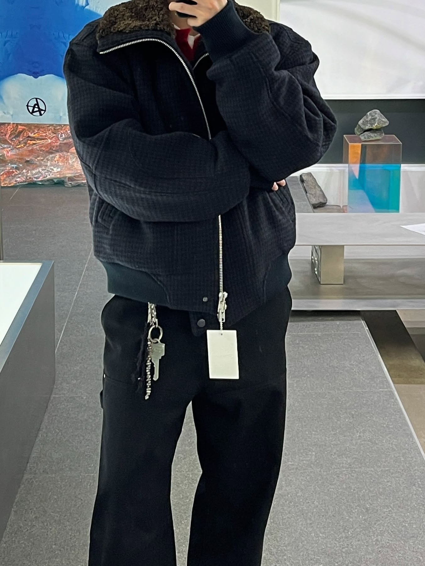 Haleine Highneck Cropped Wool Blouson Navy Check (VJ415), Haleine Highneck Cropped Wool Blouson Black (VJ414) 착용 스타일