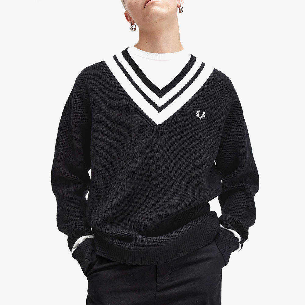 프레드페리 스트라이프 트림 브이넥 니트 블랙(Fred Perry Striped Trim V Neck Knit Black) - 4