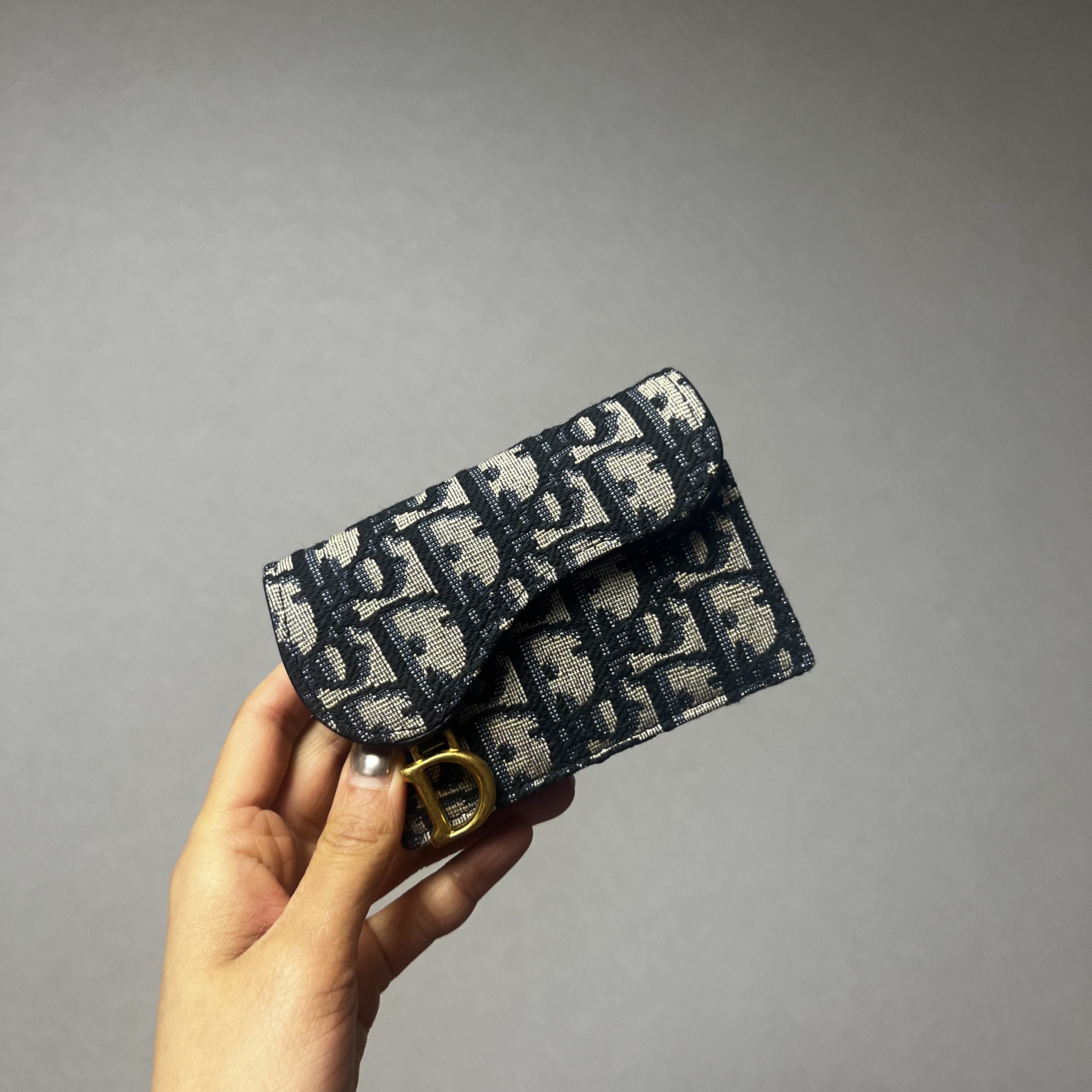 Dior Saddle Flap Card Holder Blue Dior Oblique Jacquard 착용 스타일