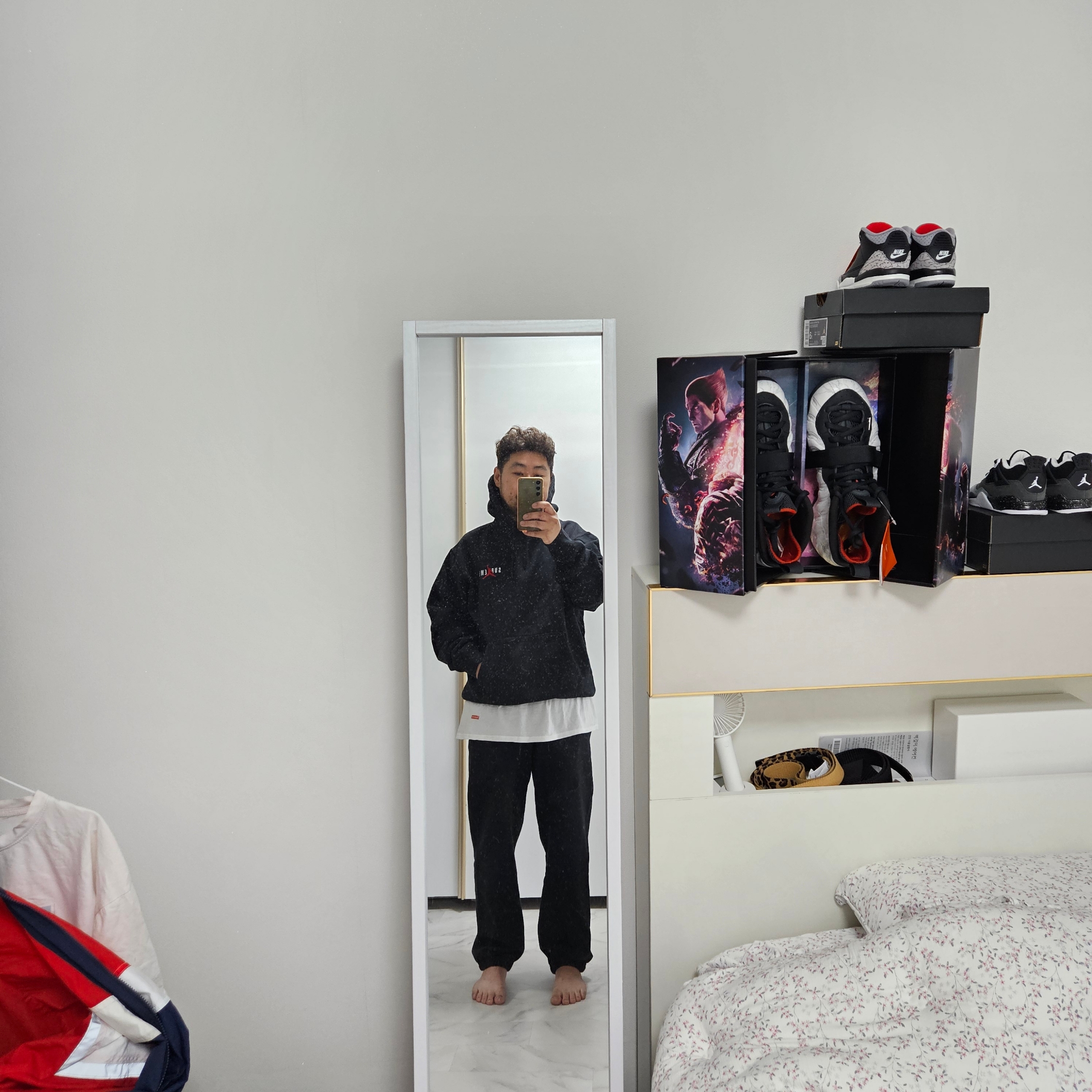 Supreme x Jordan Hooded Sweatshirt Black - 24FW, Supreme x Jordan Sweatpants Black - 24FW 착용 스타일 - 3