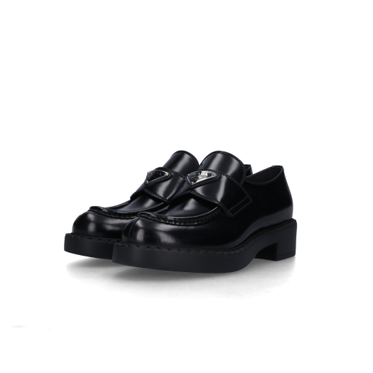 (W) Prada Chocolate Brushed Leather Loafers Black