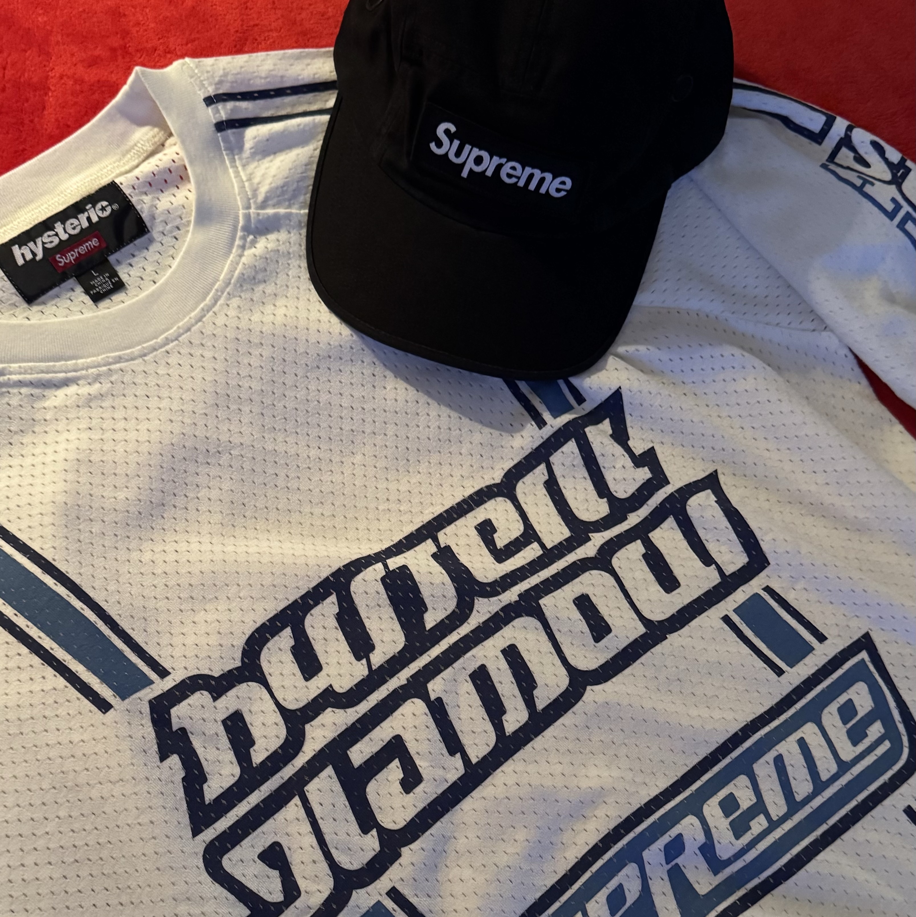 Supreme x Hysteric Glamour Mesh L/S Top White - 24FW, Supreme Military Camp Cap Black - 24SS 착용 스타일