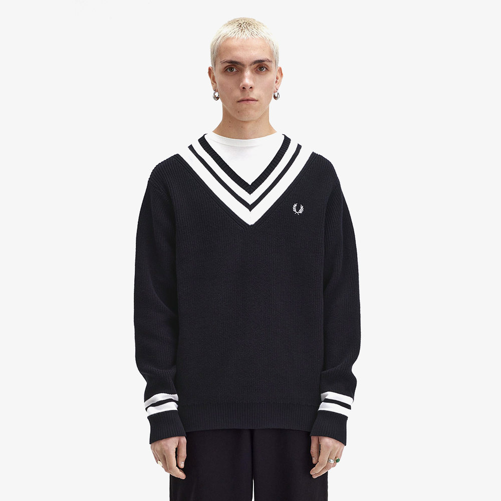 프레드페리 스트라이프 트림 브이넥 니트 블랙(Fred Perry Striped Trim V Neck Knit Black) - 2