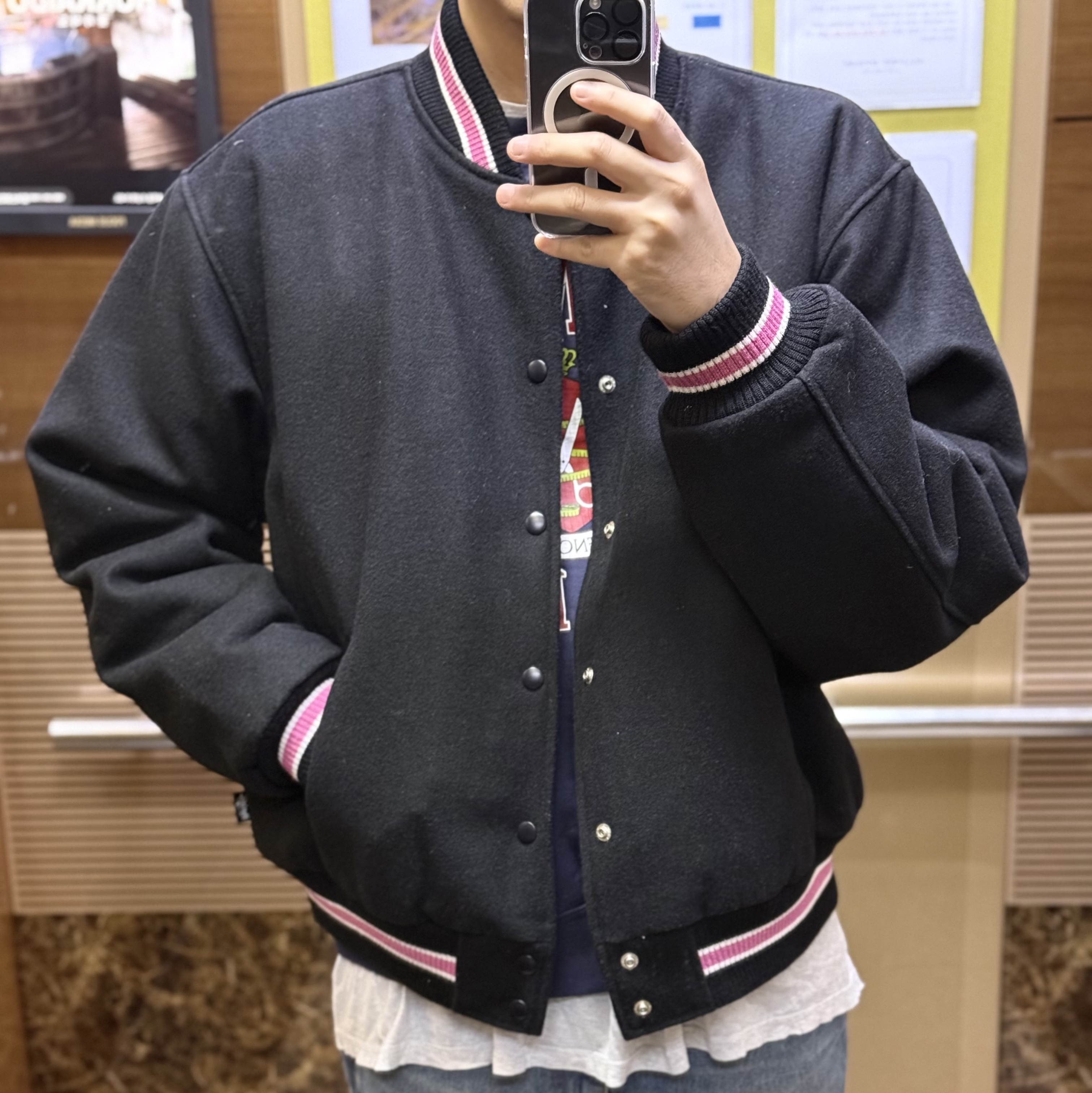 Stussy S Talk Melton Varsity Jacket Black 착용 스타일