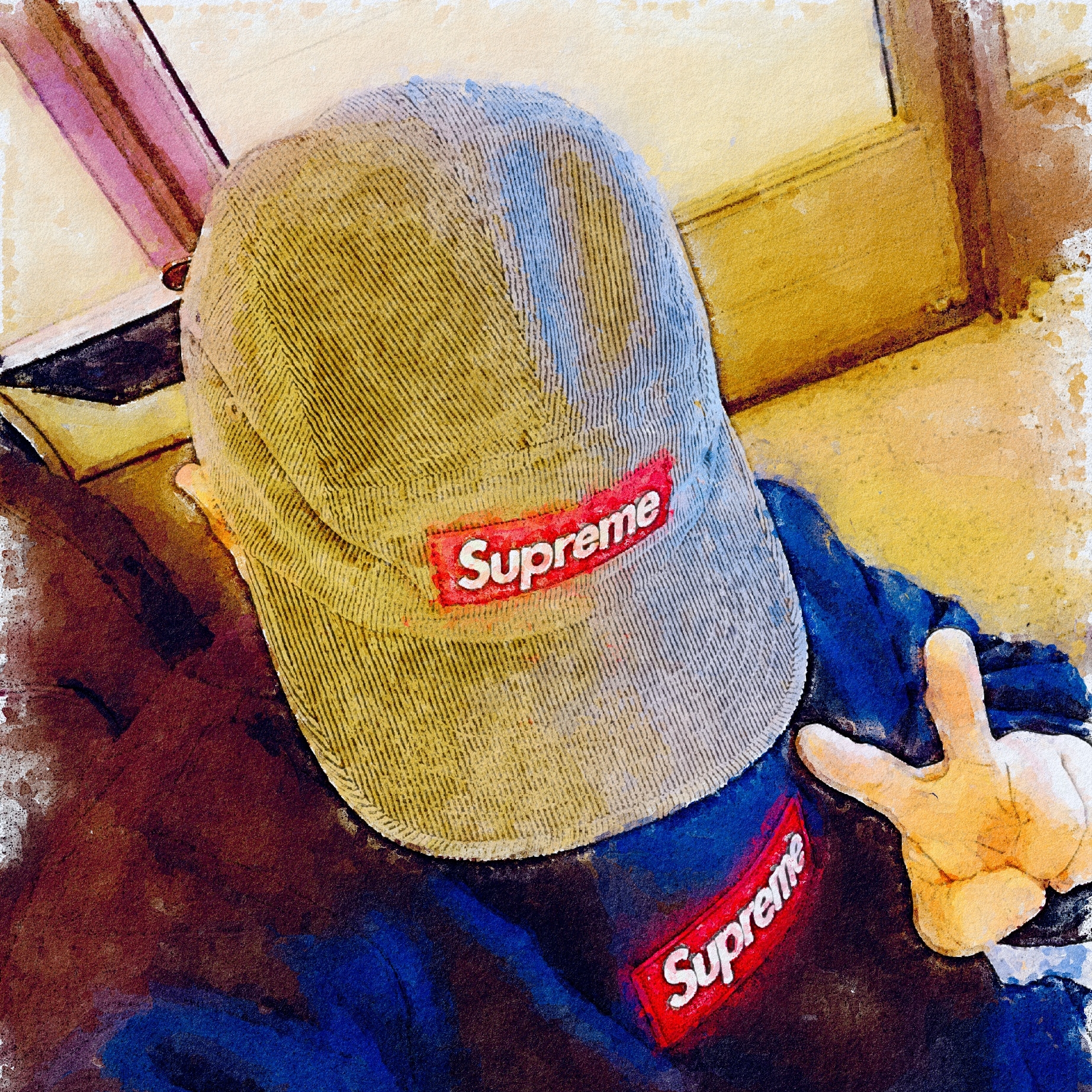 Supreme Corduroy Camp Cap Grey - 23FW, Supreme Box Logo Crewneck Black - 22FW 착용 스타일 - 1