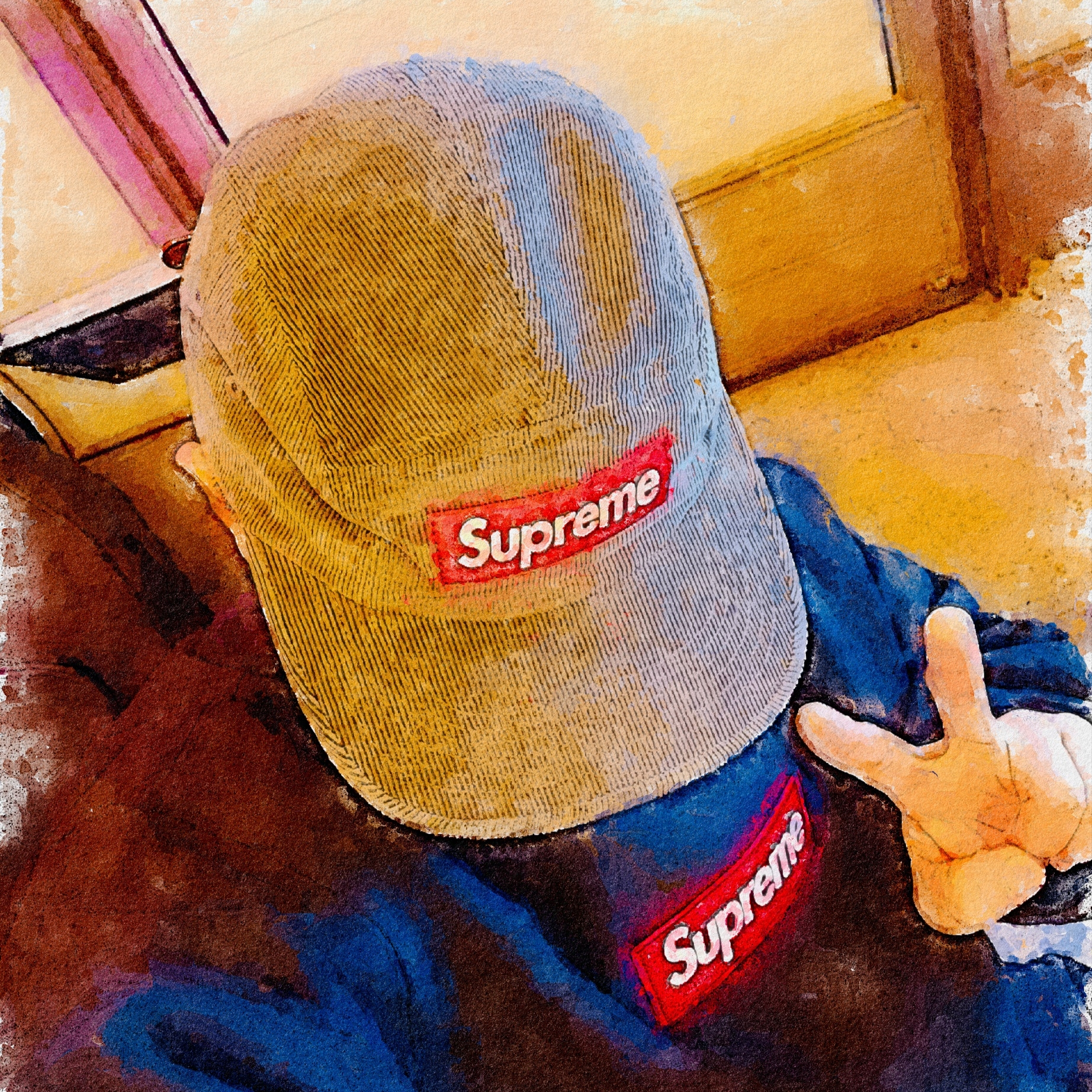 Supreme Corduroy Camp Cap Grey - 23FW, Supreme Box Logo Crewneck Black - 22FW 착용 스타일 - 2
