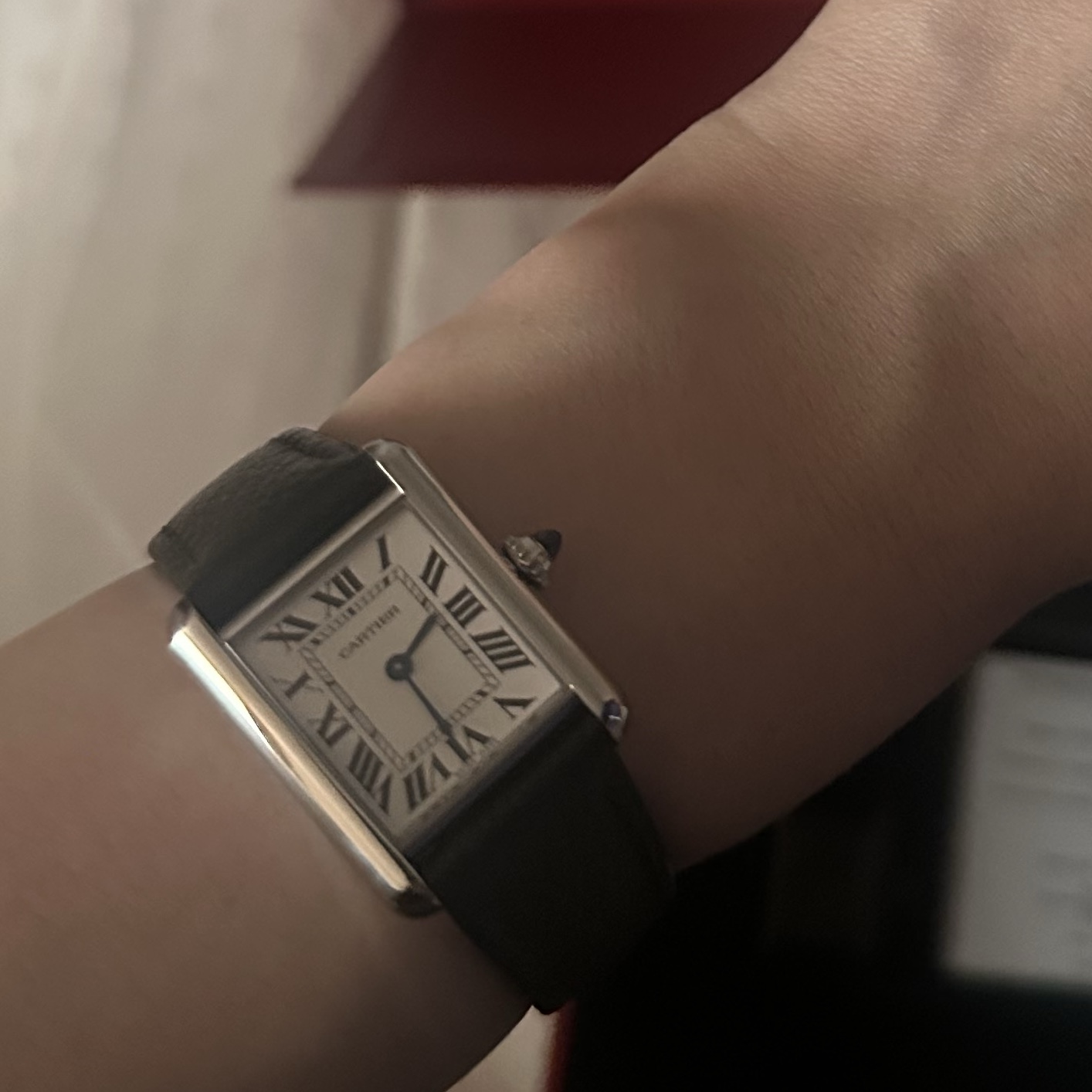 Cartier Tank Must Watch Small Quartz Steel Calfskin Black 착용 스타일 - 3