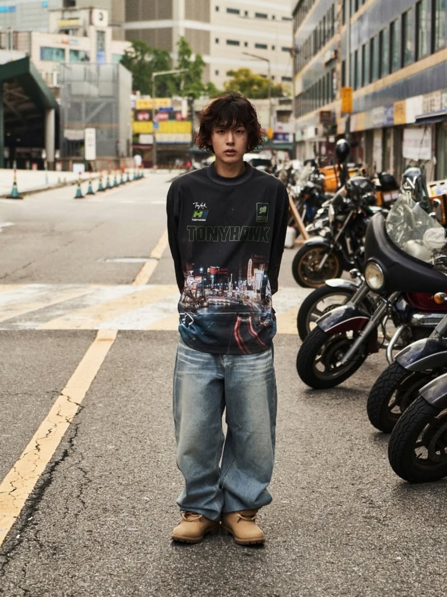 TONY HAWK San Diego Night City Long Sleeve Charcoal 착용 스타일 - 3