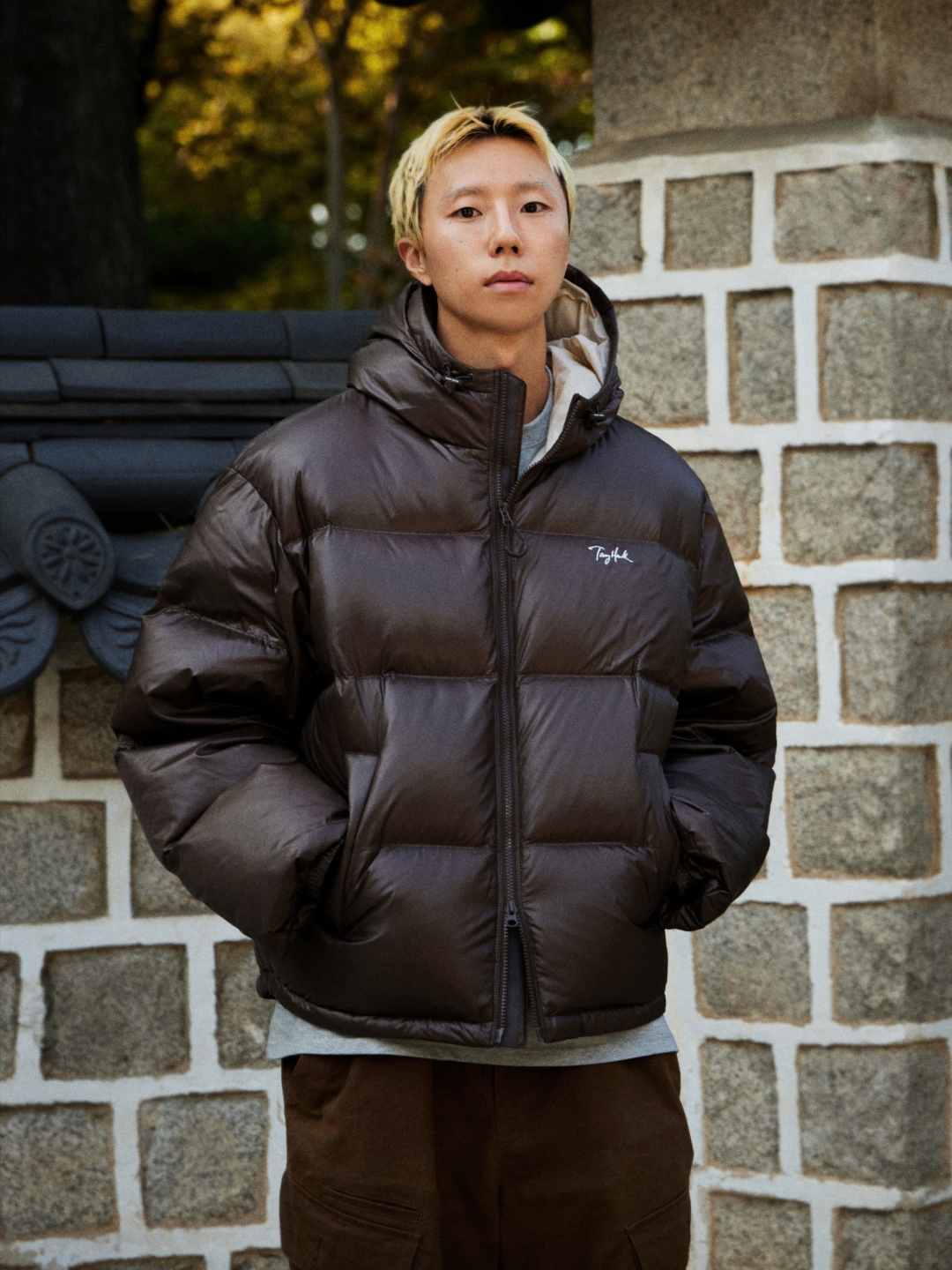 TONY HAWK Balboa Ripstop Hooded Down Short Puffer Brown 착용 스타일 - 2