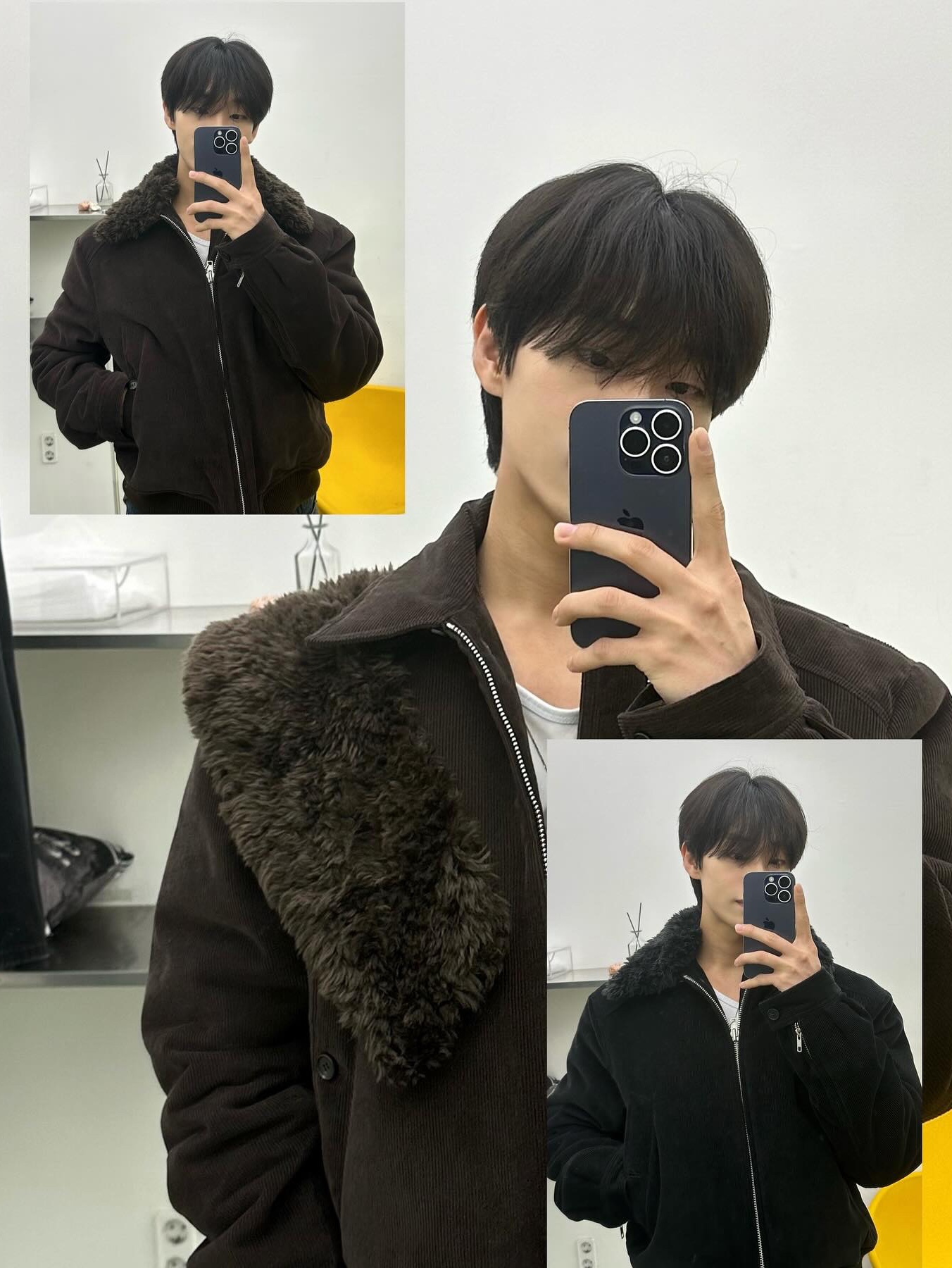 Haleine Detachable Collar Corduroy Padding Blouson Black (VJ427), Haleine Detachable Collar Corduroy Padding Blouson Brown (VJ428) 착용 스타일