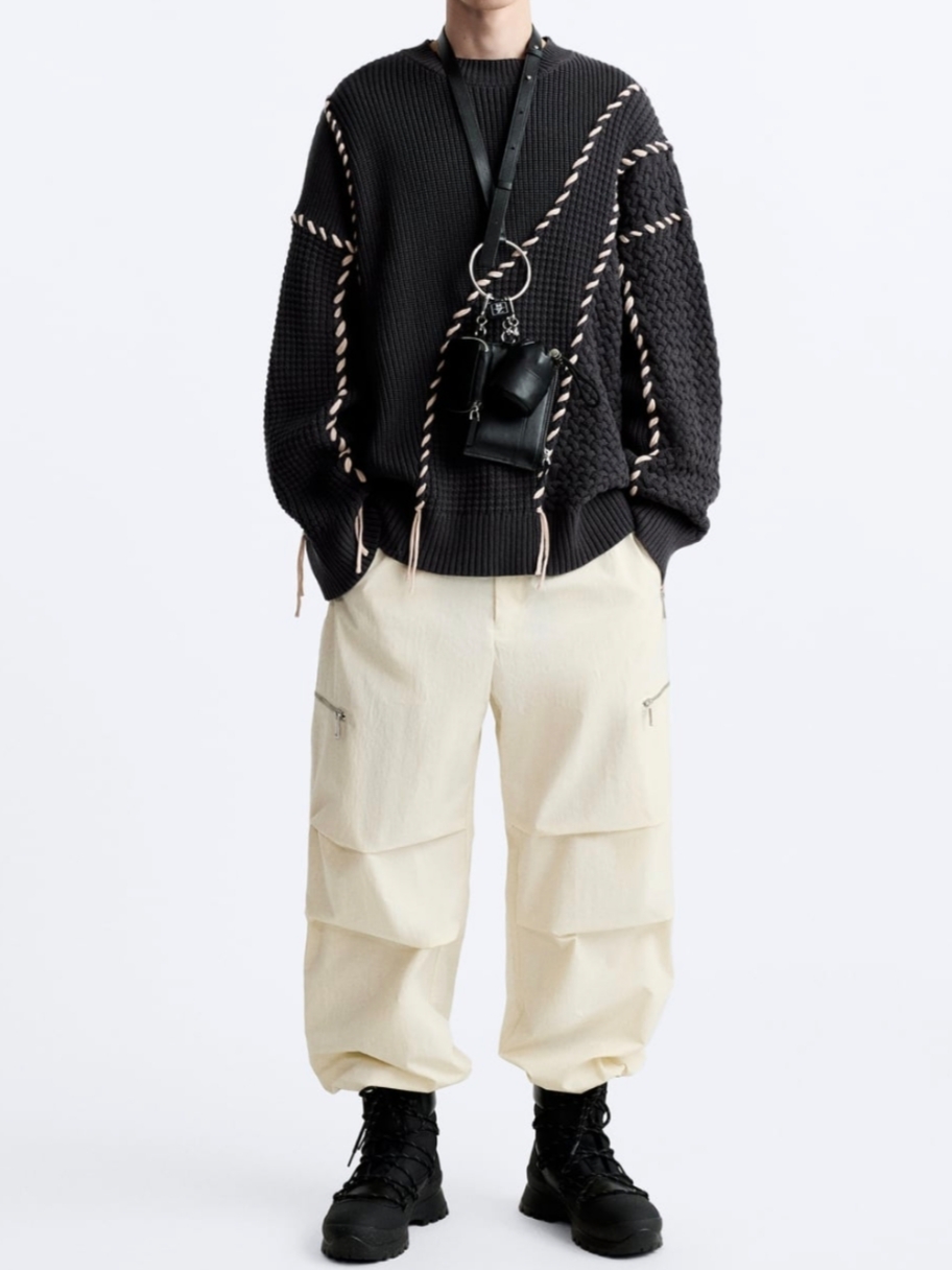 Zara x Maison Special Contrast Stitch Sweater Dark Grey, (W) Zara Leather Ankle Boots Brown 착용 스타일 - 6