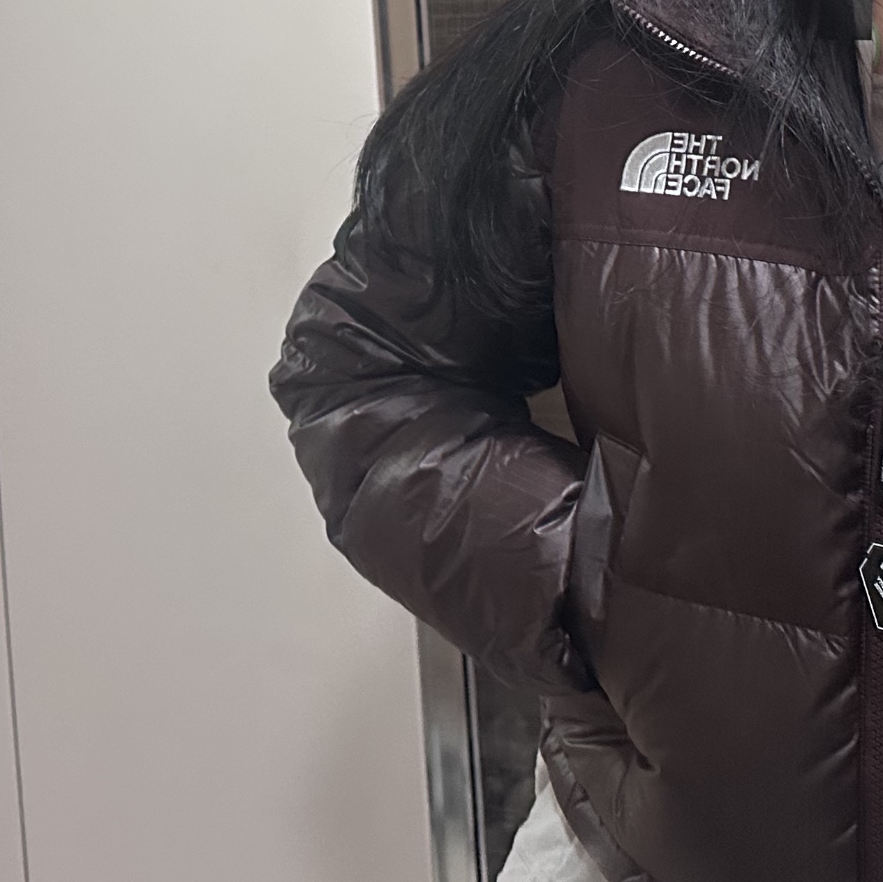 (W) The North Face White Label Novelty Nuptse Down Jacket Cocoa Brown 착용 스타일