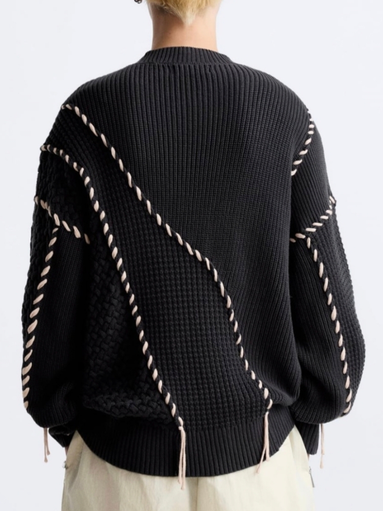 Zara x Maison Special Contrast Stitch Sweater Dark Grey, (W) Zara Leather Ankle Boots Brown 착용 스타일 - 3