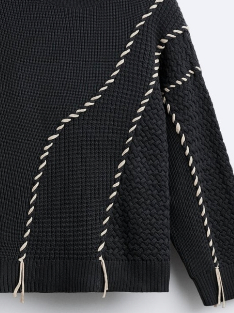 Zara x Maison Special Contrast Stitch Sweater Dark Grey, (W) Zara Leather Ankle Boots Brown 착용 스타일 - 4