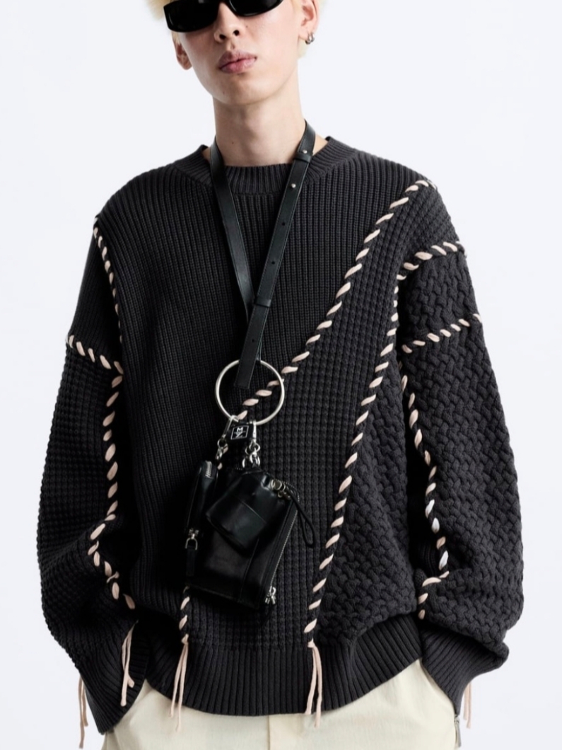 Zara x Maison Special Contrast Stitch Sweater Dark Grey, (W) Zara Leather Ankle Boots Brown 착용 스타일 - 2