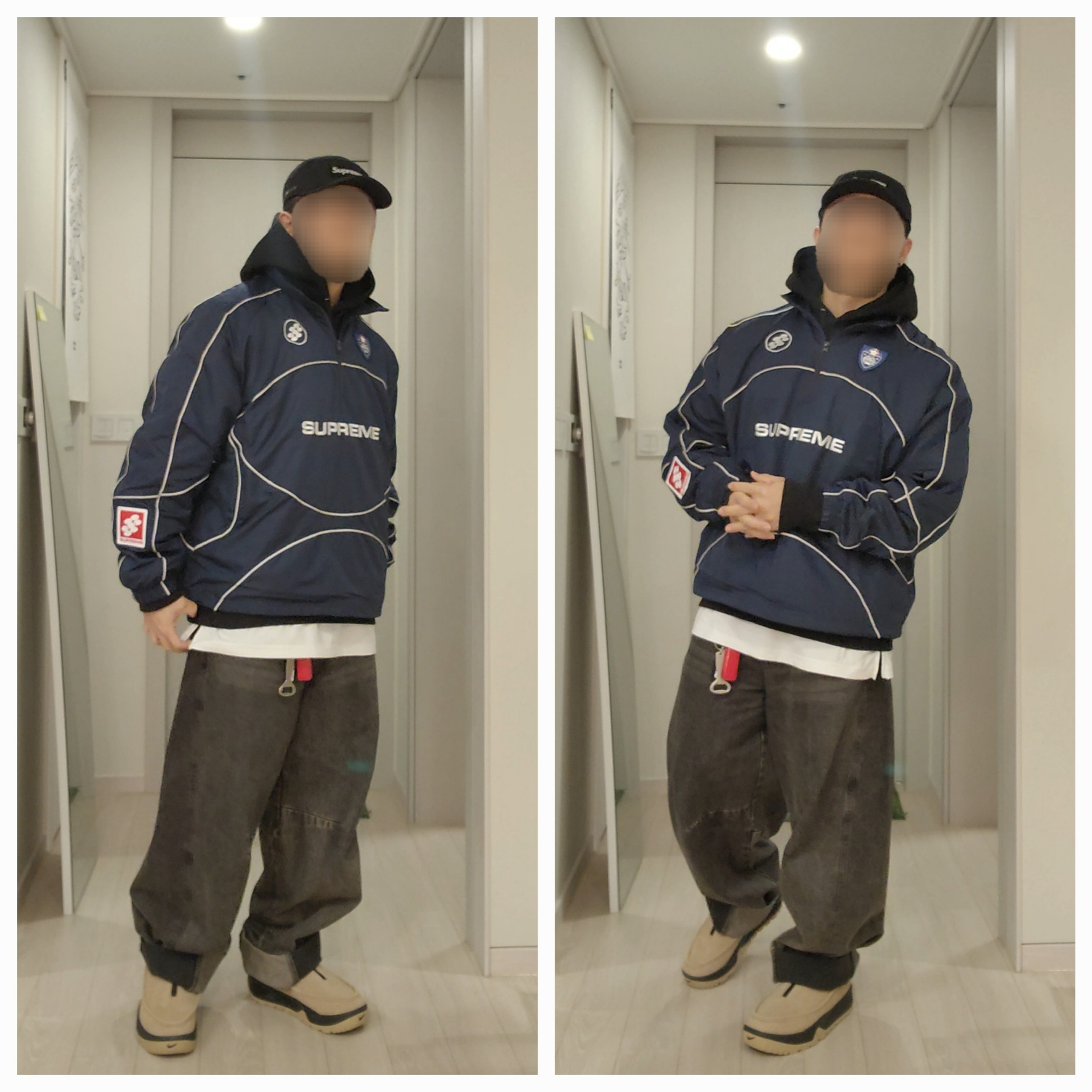 Supreme Reflective Piping Pullover Navy - 24FW, Nike ACG Izy Khaki and Black 착용 스타일 - 2