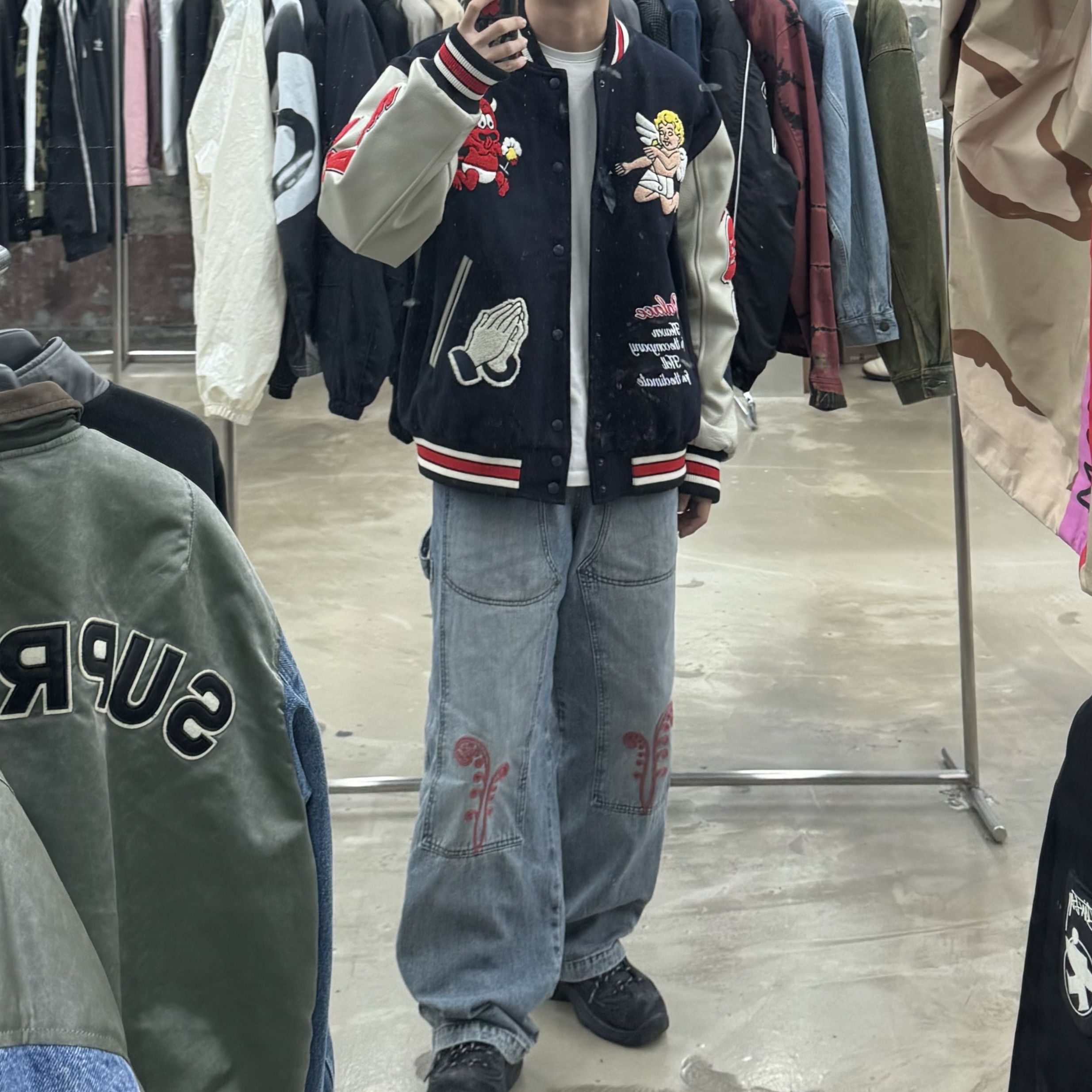 Palace Fallen Angels Varsity Jacket Navy - 23SS, Nike x Stussy Air Penny II Black 착용 스타일