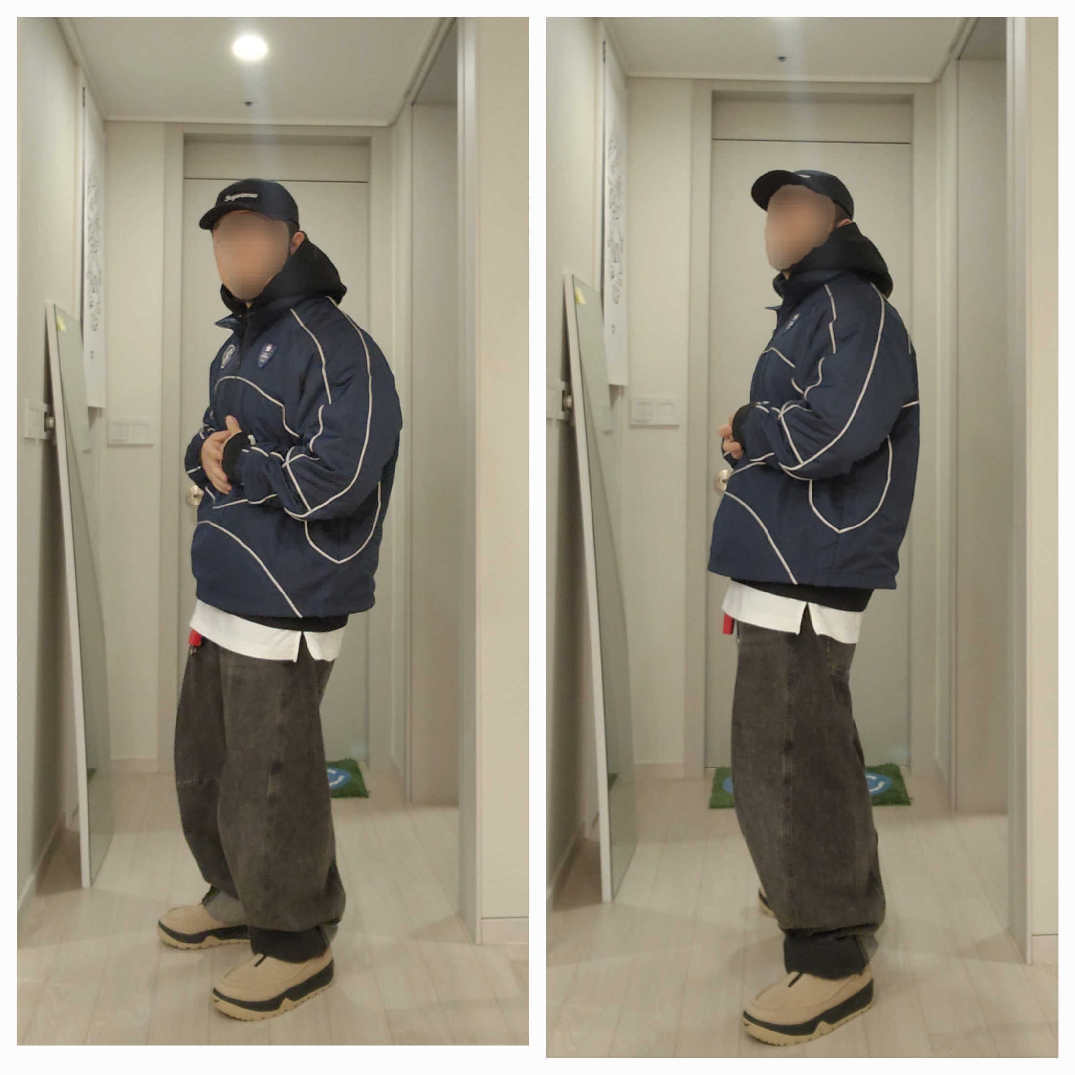 Supreme Reflective Piping Pullover Navy - 24FW, Nike ACG Izy Khaki and Black 착용 스타일 - 3