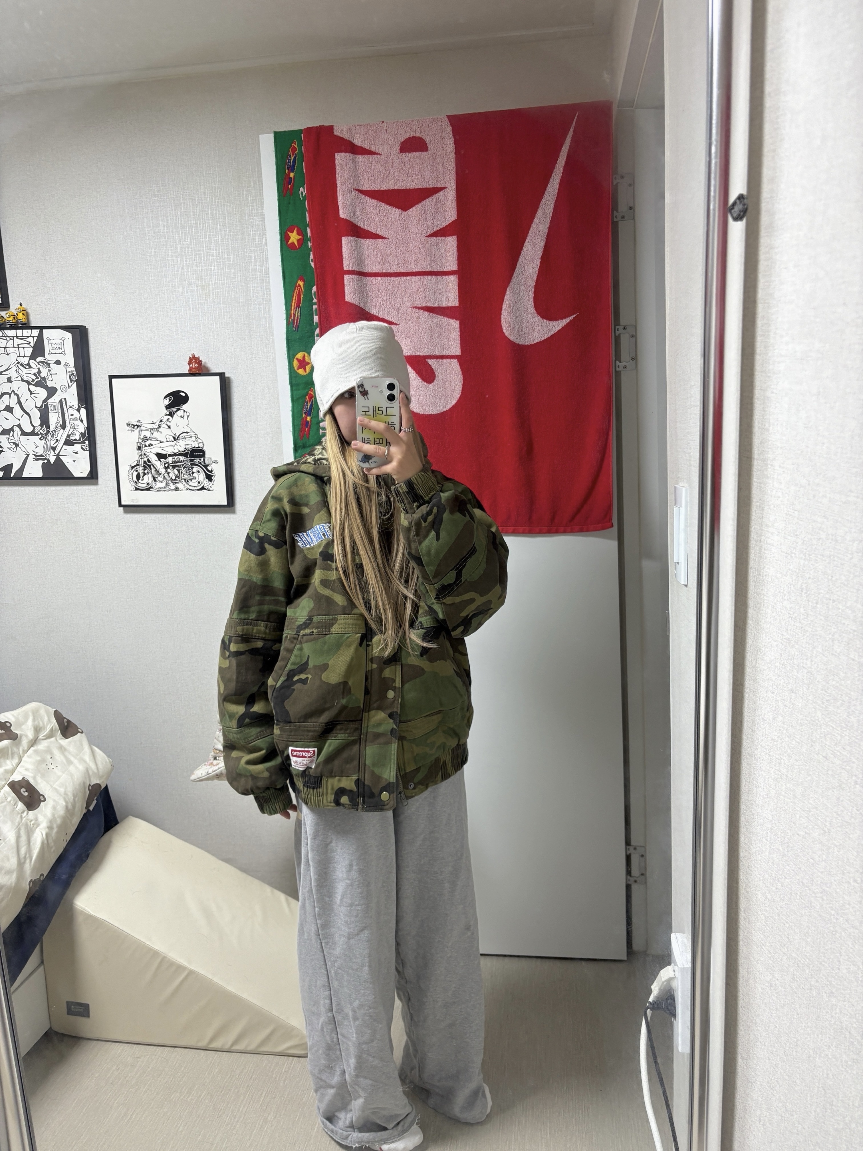 Supreme Mitchell & Ness Twill Stadium Jacket Woodland Camo - 24FW, Sansan Gear Binary Beanie Ivory - 23FW 착용 스타일