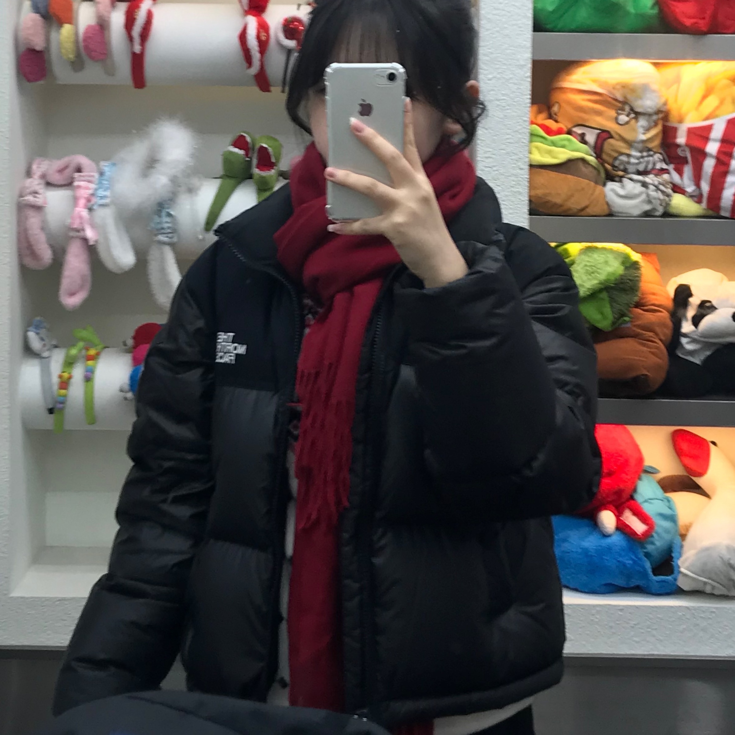 (W) The North Face White Label Novelty Nuptse Down Jacket Black 착용 스타일
